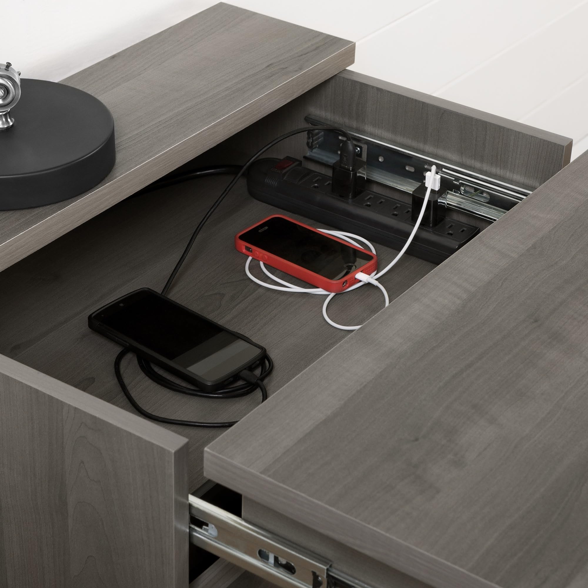 South Shore Versa Nightstand with 2 Drawers & USB Charging Station - Gray Maple Finish, 16.38