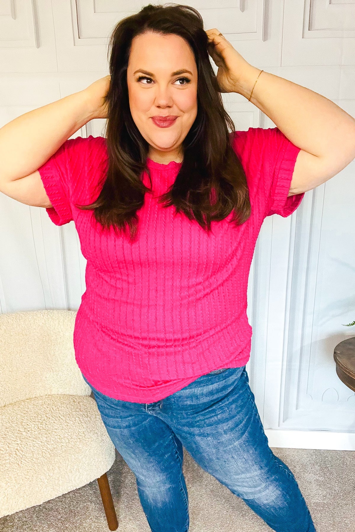 Fuchsia Cable Knit Dolman Short Sleeve Sweater Top for Women - Soft Comfortable Pullover with Haptic Texture - Perfect for Casual Outings, Office Wear & Fall Layering