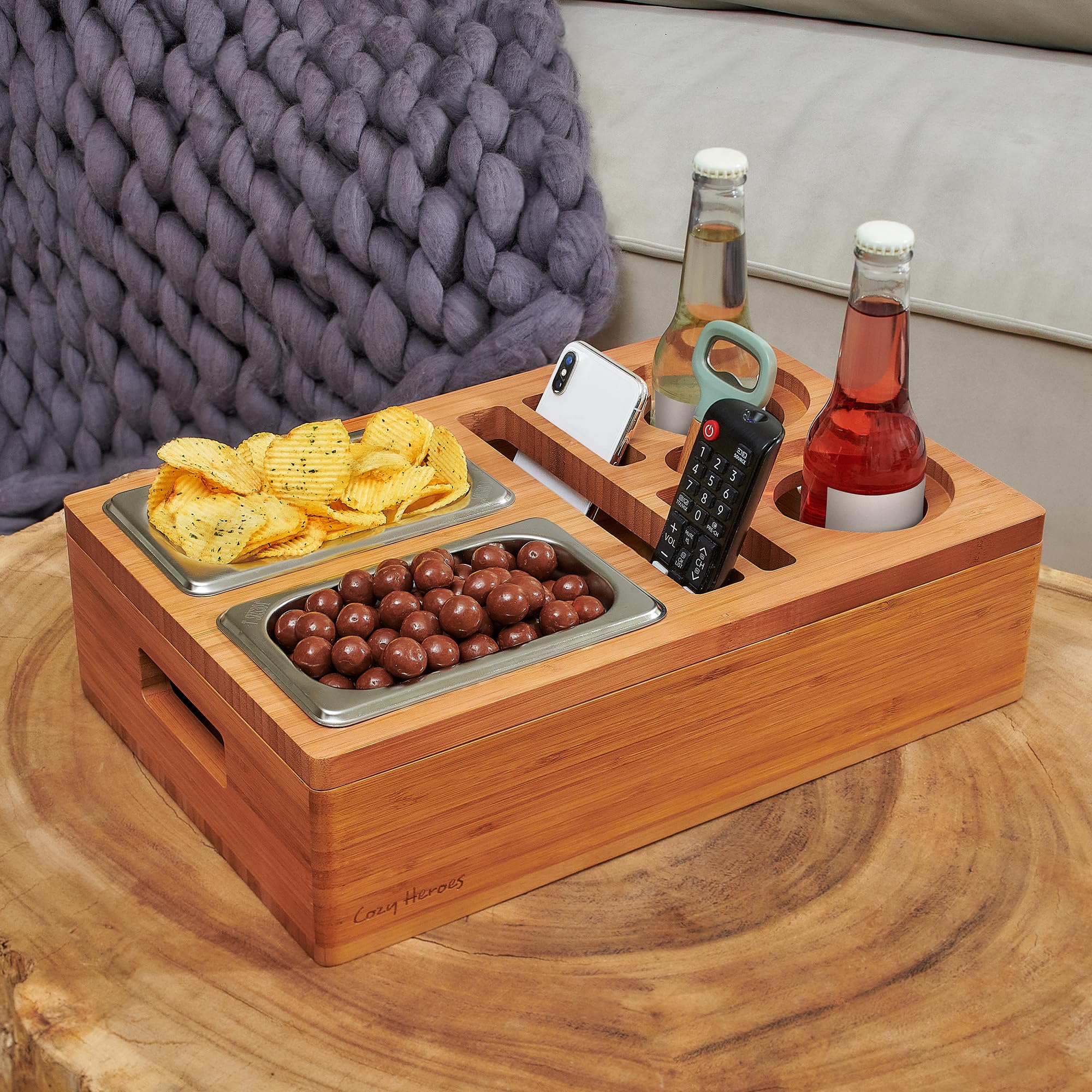 Minimalist Scandinavian Bamboo Couch Cup Holder Tray - Sofa & Bed Drink Snack Caddy - Perfect for Movie Nights, Gaming Sessions & Relaxing in Bed