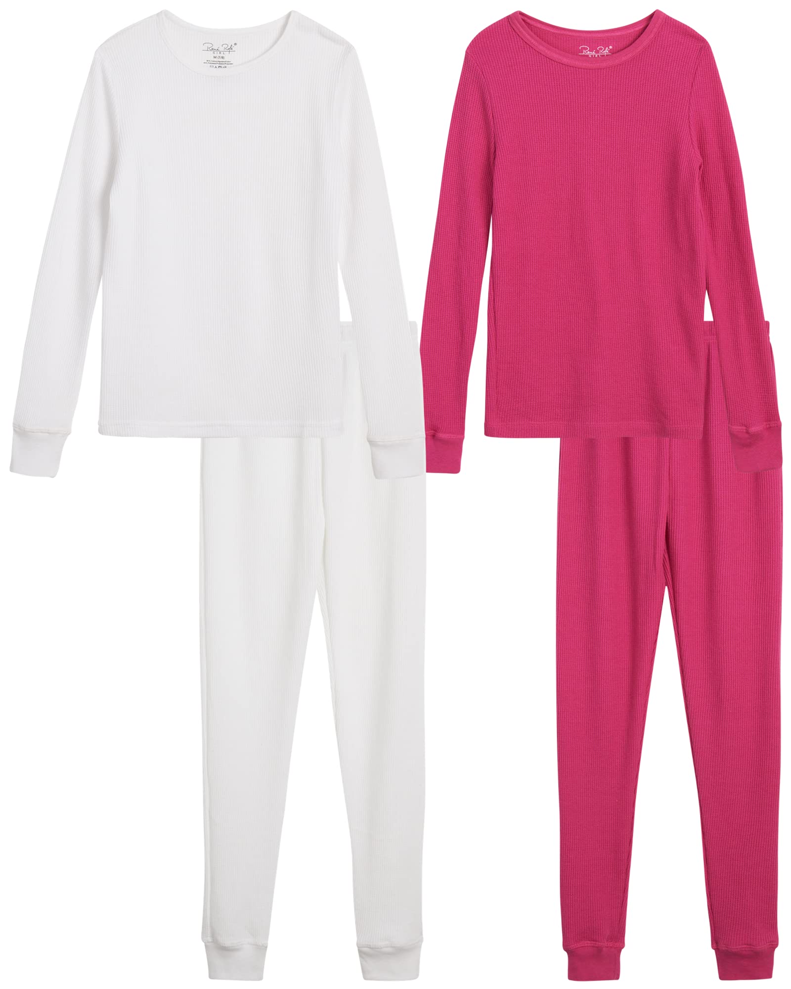 Rene Rofe Girls' Thermal Underwear Set - 4 Piece Waffle Knit Top & Long Johns (2T-16) | Warm Winter Base Layer for Kids | Perfect for Cold Weather, Snow Play & Outdoor Activities