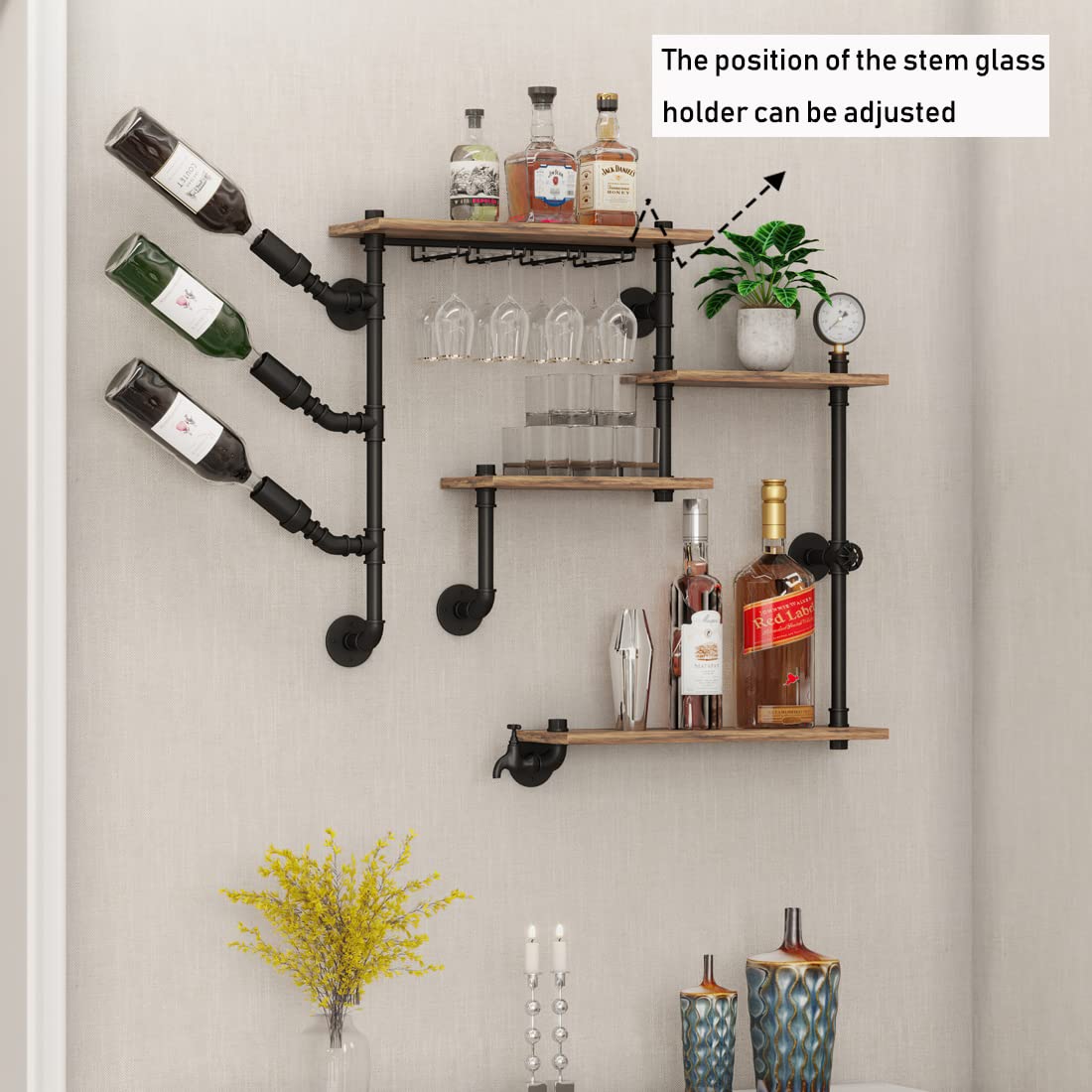 Industrial Pipe Wall Bar Shelves with 4-Tier Rustic Floating Wine Rack & 4 Stem Glass Holders - 42
