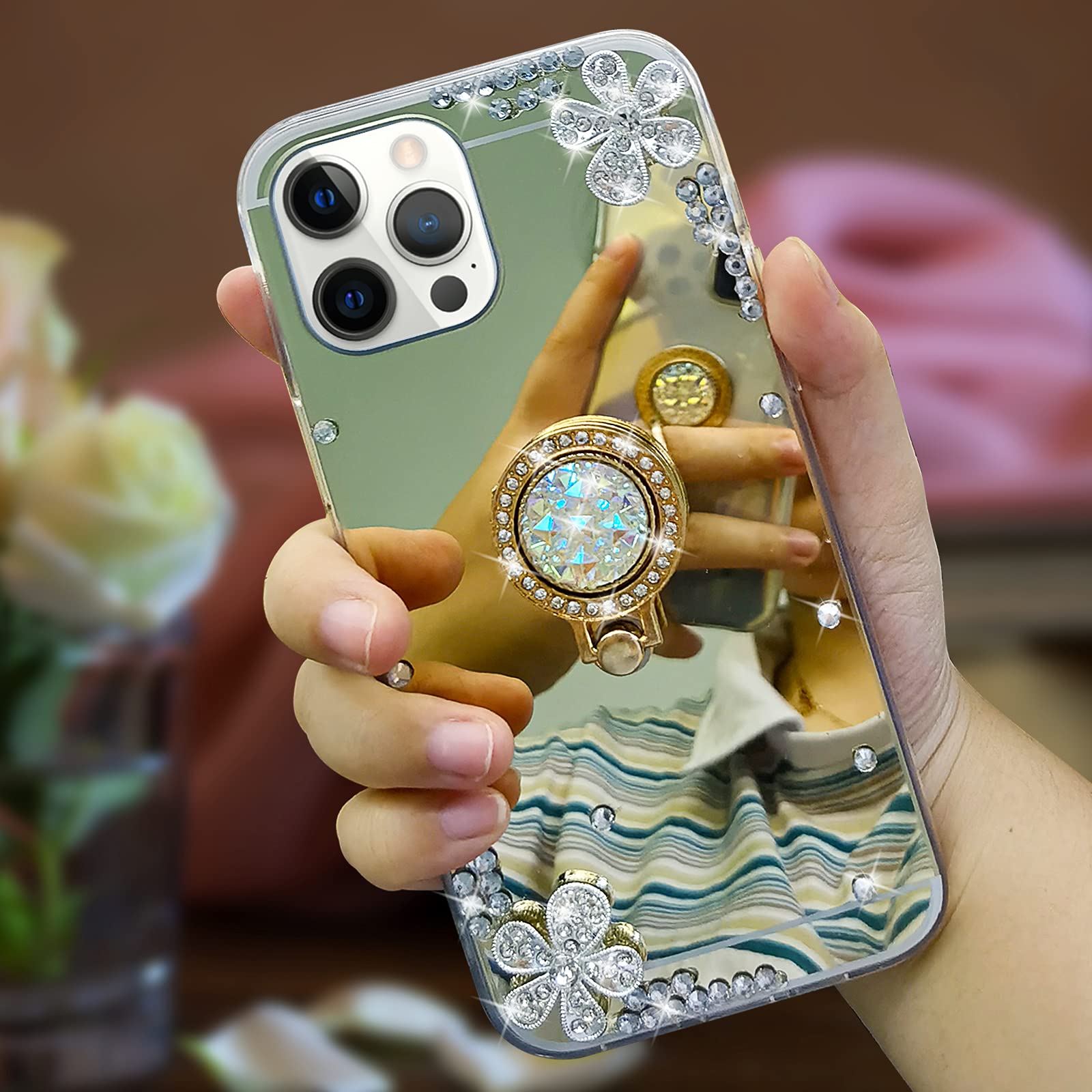 Omorro iPhone 13 Case with Makeup Mirror - Luxury Bling Glitter Rhinestone Cover with Shiny Crystal Diamond Ring Stand & Finger Grip - Cute Girly Phone Case for Women & Girls (Gold) - Perfect for Selfies, Makeup Touch-ups & Daily Use