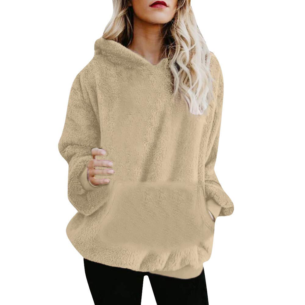 Women's Fluffy Warm Winter Hoodie Sweatshirt - Soft Fleece Pullover with Hood (XL, Khaki) | Cozy Casual Wear for Cold Weather, Lounge & Outdoor Activities
