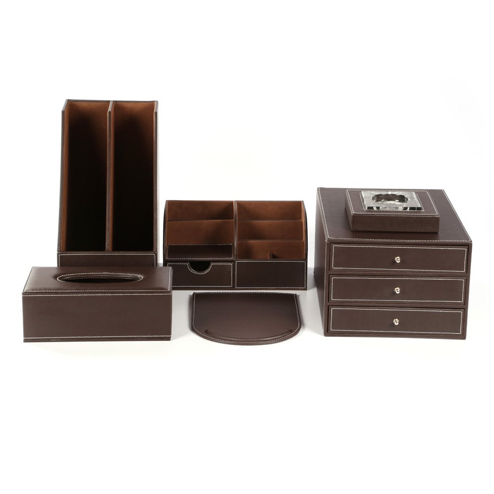 KINGFOM 6-Piece Office Desk Organizer Set - Synthetic Leather Desk Accessories with Organizer, Mouse Pad, File Cabinet, Document Holder, Pen Holder & Tissue Box (T02K) - Perfect for Home Office, Workspace & Office Organization