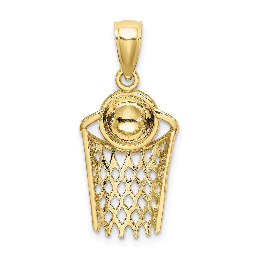 10K Yellow Gold Polished Basketball and Net Charm Pendant Necklace for Men - Sports Jewelry Gift for Basketball Players and Fans - Perfect for Games, Gifting and Everyday Wear