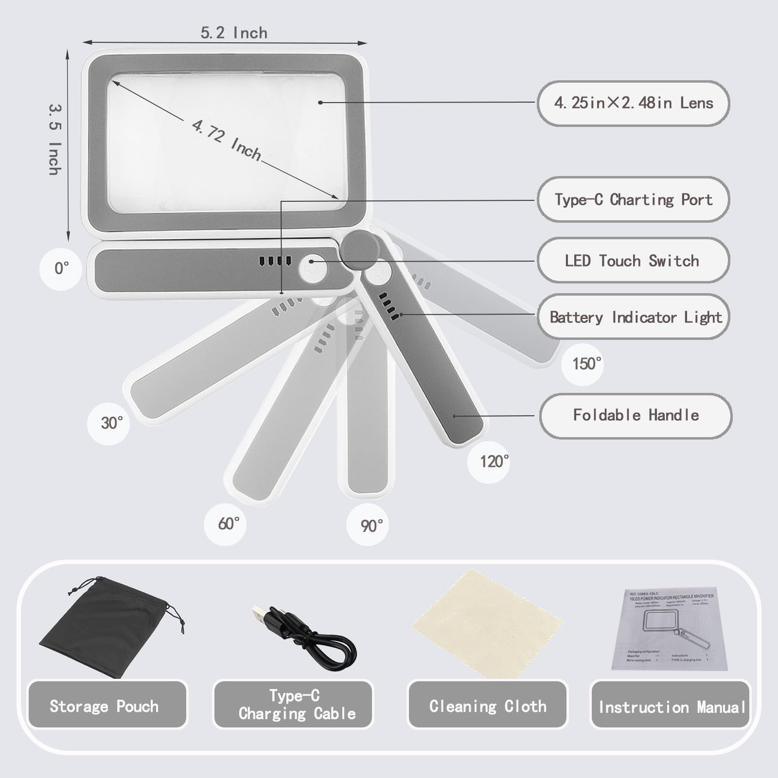 Rechargeable Magnifying Glass with LED Light - 3 Adjustable Light Modes, Folding Handheld Reading Lens with Cleaning Cloth - Perfect for Seniors, Book Lovers & Low Vision Users (Ideal for Reading Books, Newspapers, Crafts & Hobbies)