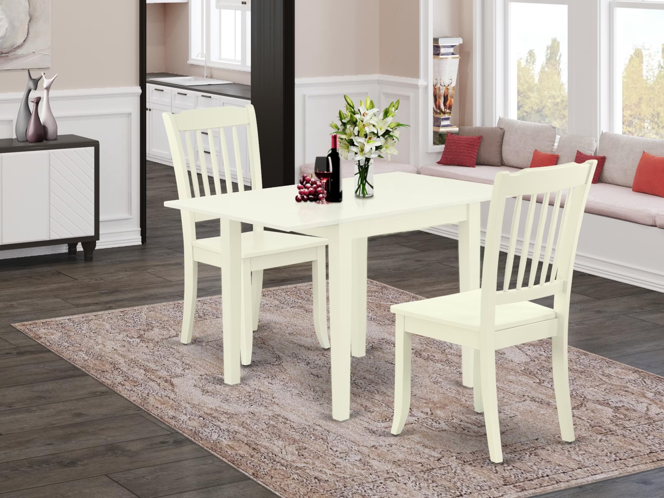 East West Furniture NDDA3-LWH-W 3-Piece Kitchen Table & Chairs Set - 30x48 Inch Rectangle Dining Table with Drop Leaf & 2 Matching Chairs in Linen White | Perfect for Small Spaces, Breakfast Nooks & Cozy Dining Areas