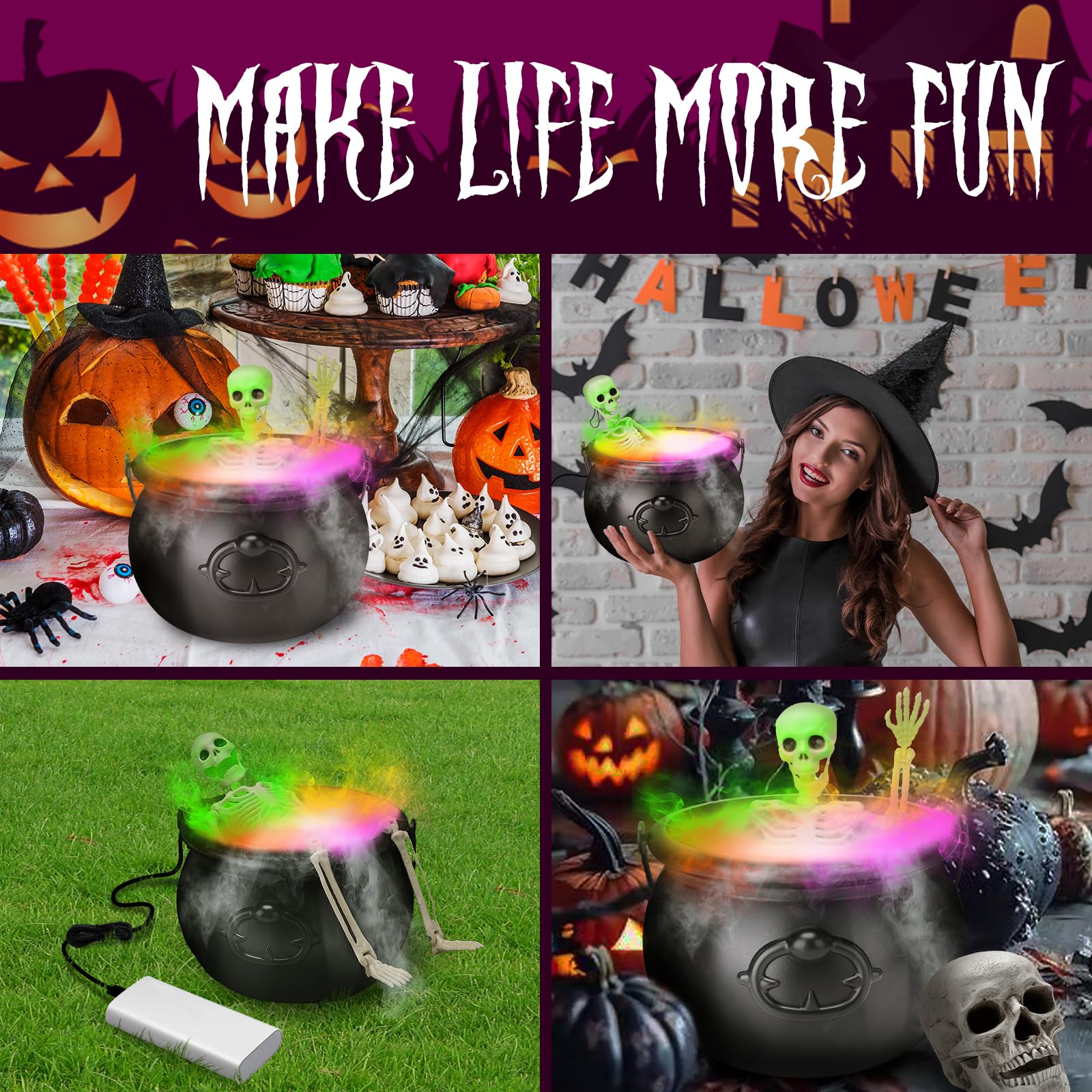 Large Black Plastic Witch Cauldron Diffuser - Halloween Decor with Smoke Effect for Outdoor & Indoor Party Decorations | Perfect for Spooky Halloween, Witch-Themed Parties & Haunted House Displays