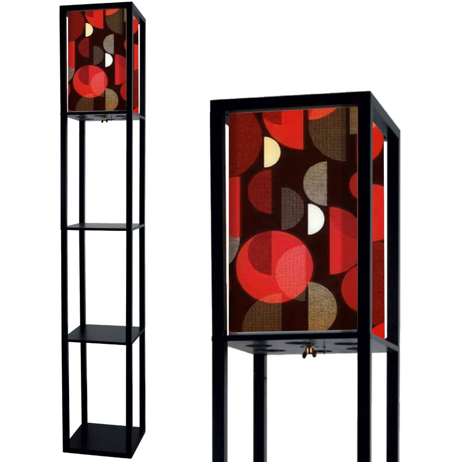 Modern Geometric Standing Lamp with Shelves - Red & Black Vertical Design, Flaxen Fabric Shade - Tall Corner Floor Lamp for Living Room, Bedroom - Perfect for Reading Nook, Home Office Lighting & Aesthetic Decor