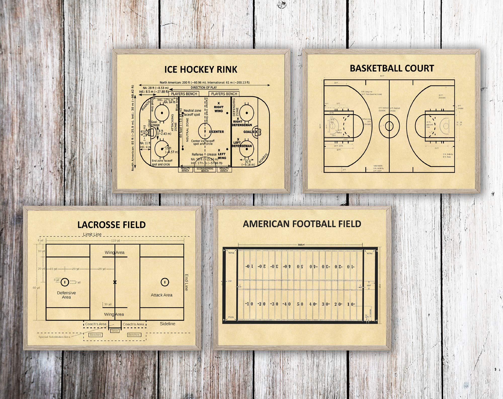Sports Diagrams Poster Set - Basketball, Lacrosse, American Football & Ice Hockey (24x36 Inch, Parchment Paper) - Perfect for Coaches, Players & Sports Enthusiasts
