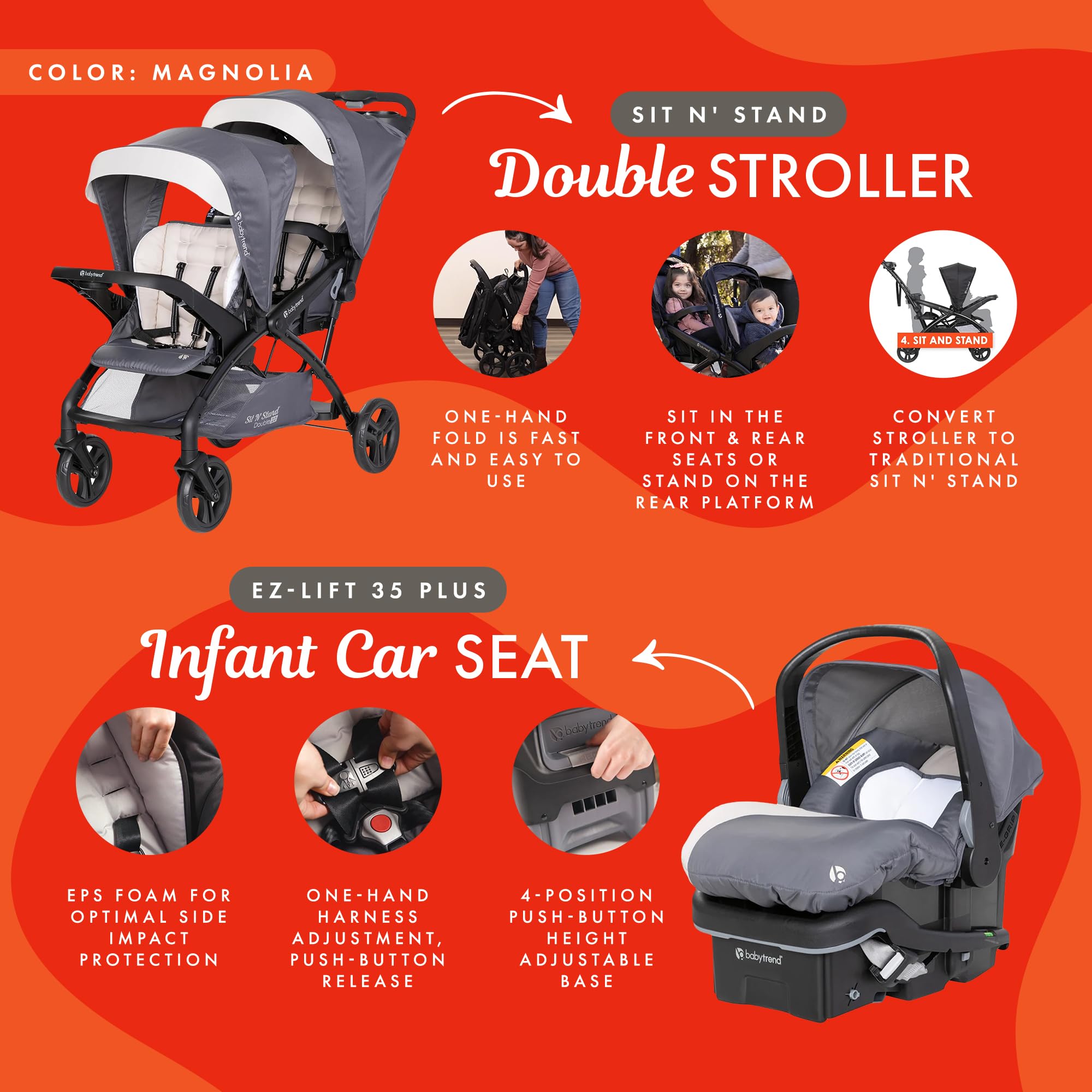 Baby Trend Sit N' Stand Double Stroller 2.0 DLX - Lightweight Convertible Stroller with 5-Point Safety Harness & EZ-Lift Plus Infant Car Seat - Cozy Magnolia Cover - Perfect for Twins, Siblings or Toddlers - Ideal for Shopping, Travel & Outdoor Walks