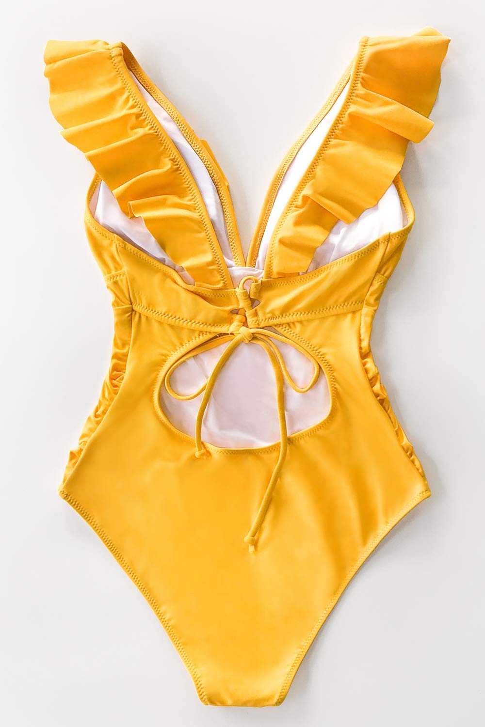 CUPSHE Women's Yellow Ruffled Lace Up One Piece Swimsuit with White Sleeveless Tassel Hem Cover Up - Sexy Beachwear for Pool Party, Vacation & Summer Outfits