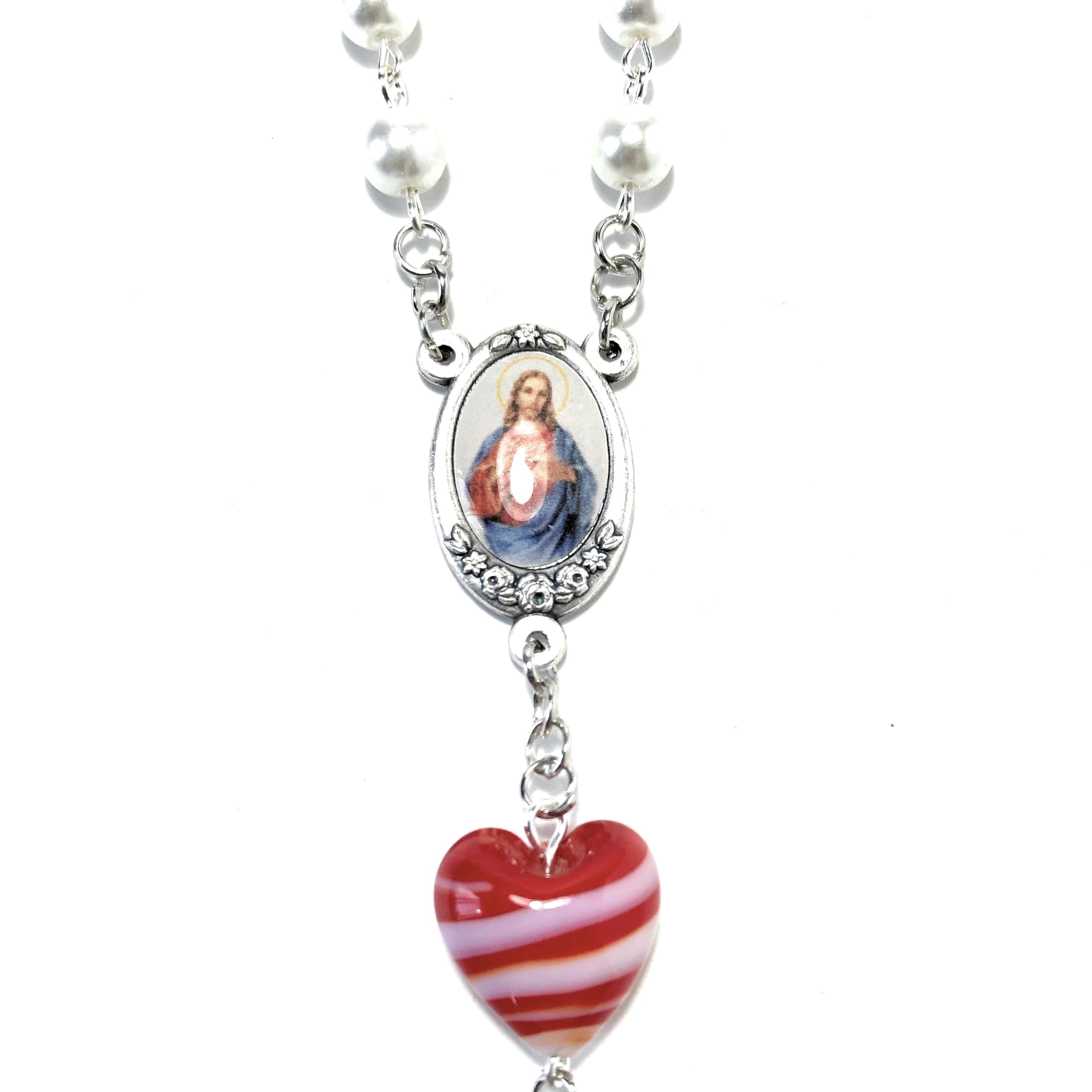 Sacred Heart of Jesus 1-Decade Rearview Mirror Car Rosary - White & Striped Red/Blue/Teal Heart Beads | Catholic Prayer Beads for Safe Driving & Spiritual Protection | Perfect for Commuting, Road Trips & Daily Devotion