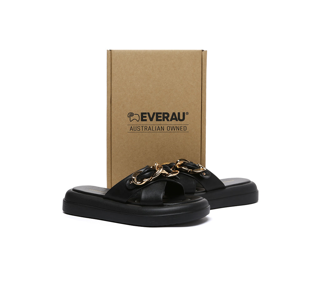 EVERAU® Women's Fashion Slides with Metal Decor Crossover Platform Sandals - Comfortable Chiffon Slippers for Home, Beach & Summer Outfits