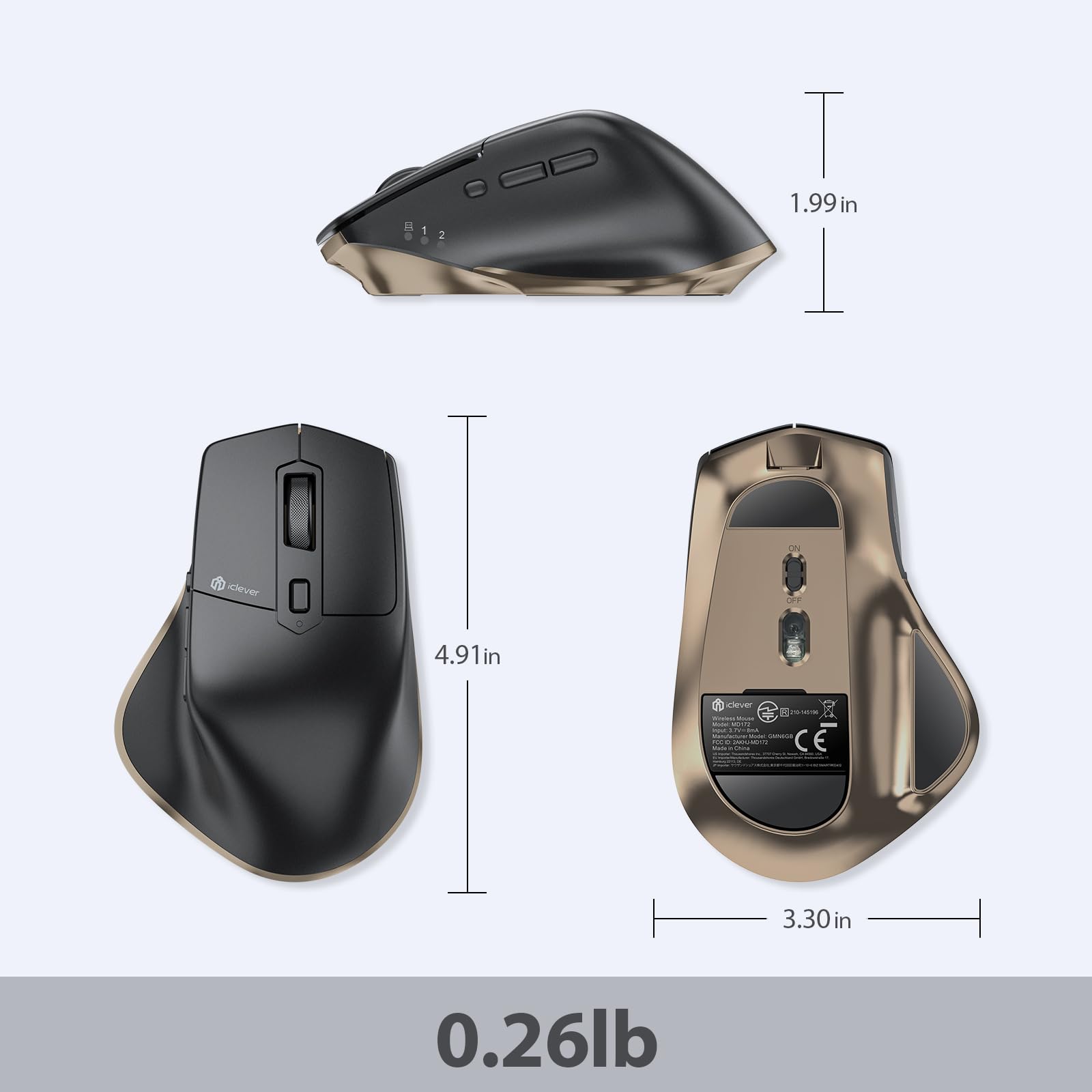 iClever Wireless Mouse - Bluetooth & USB Receiver, 2400DPI Adjustable, Rechargeable, Ergonomic Design for Laptop, iPad, MacBook, Tablet, PC - Perfect for Office Work, Home Use & Travel