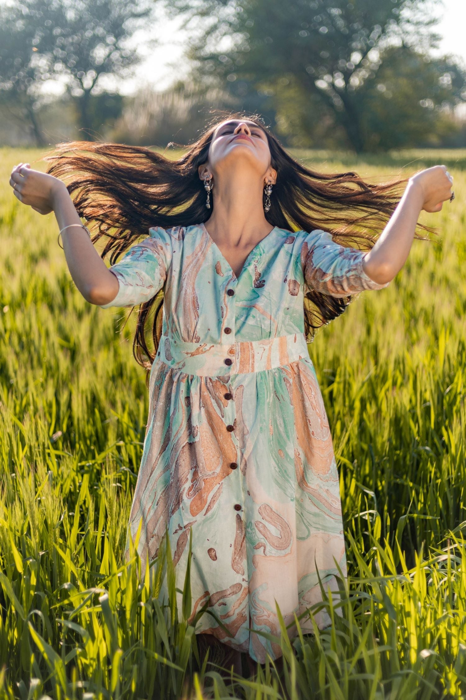 Flow Rust Handmarble Printed Pure Cotton Dress for Women | Elegant Boho Style Summer Dress | Perfect for Beach, Vacation & Casual Outings