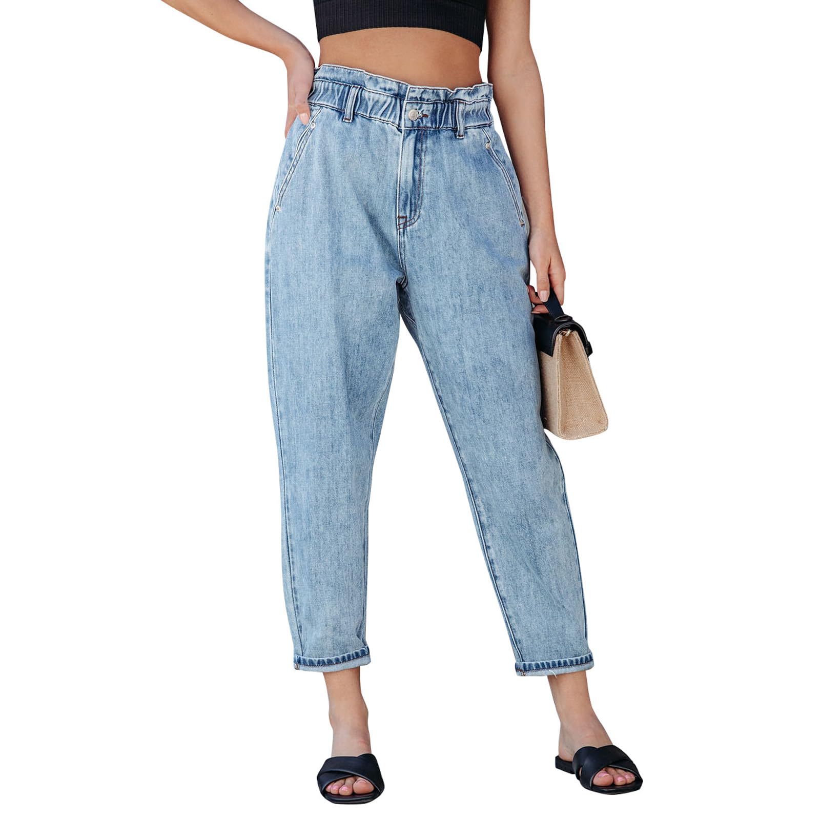 Viatabuna Women's Mom Jeans - Elastic Waist Denim Pants for Casual Wear