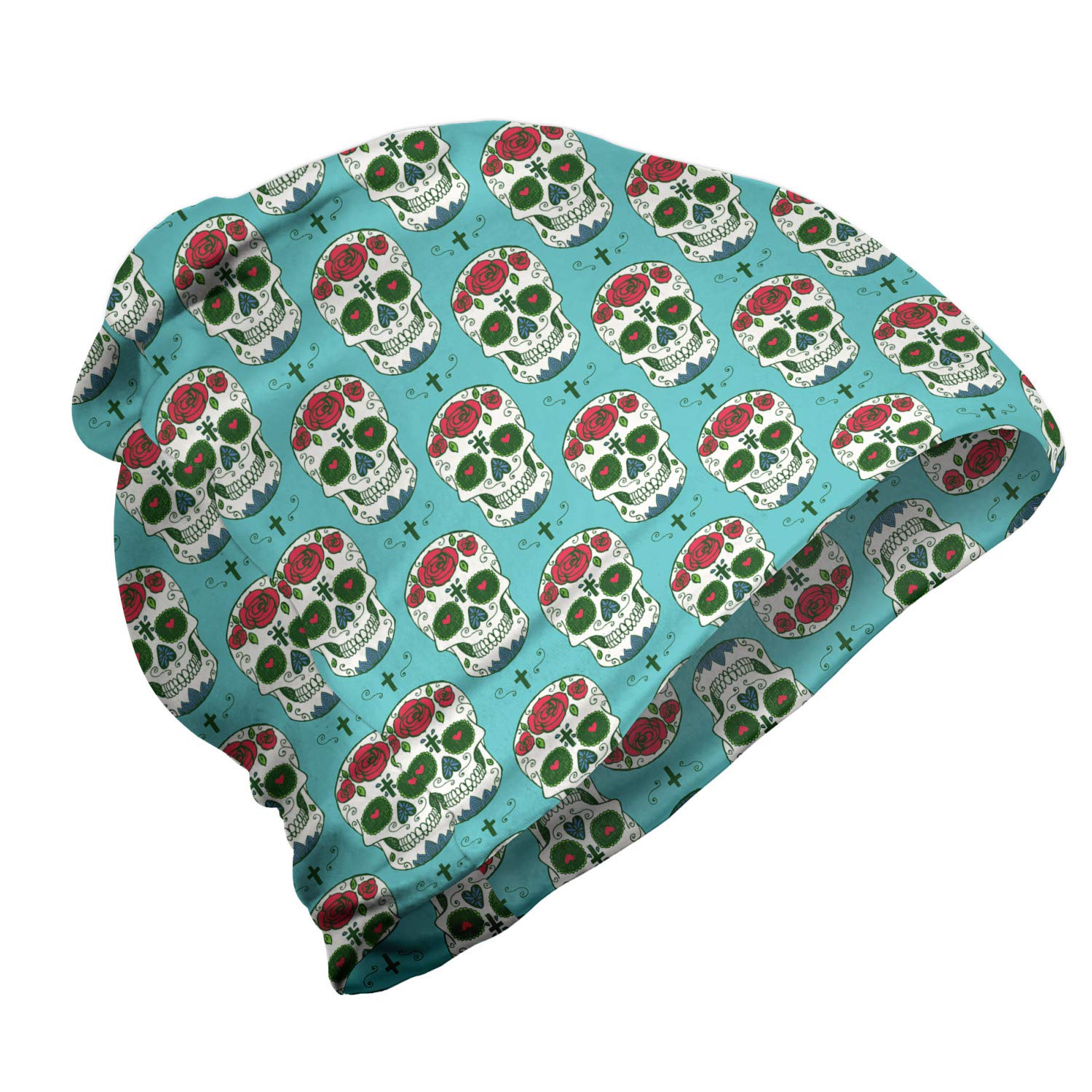 Ambesonne Unisex Beanie - Skull with Roses Design for Men & Women | Warm Winter Knit Hat for Hiking, Outdoor Activities & Cold Weather Fashion