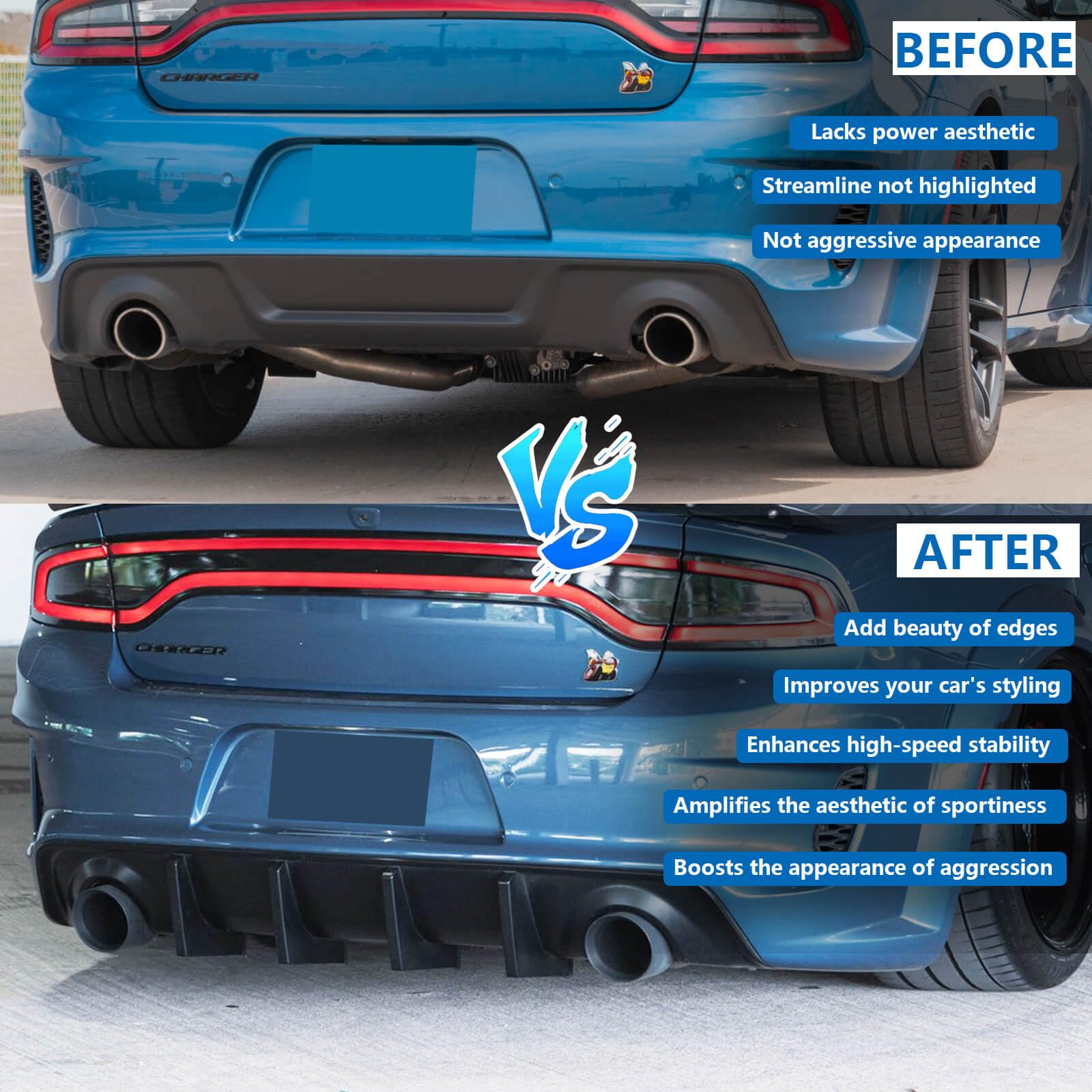 WildWell Charger Rear Diffuser for Dodge Charger Widebody SRT Hellcat & Scat Pack 2020-2024 - Matte Black - Enhance Aerodynamics & Style for Racing & Street Performance
