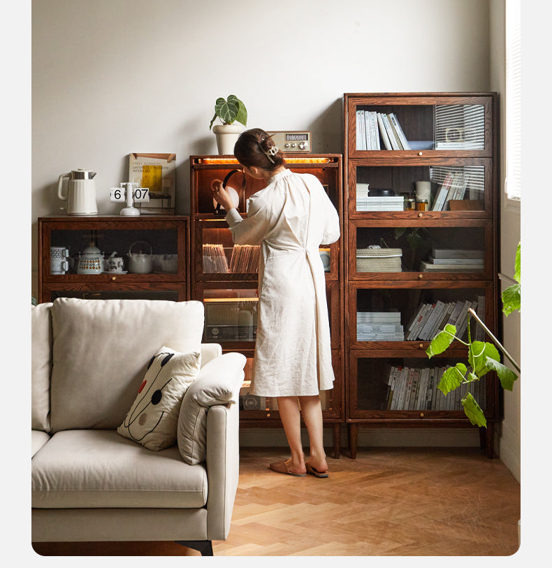 Solid Black Walnut & Oak Wood Glass Flip Door Bookcase - Modern Side Cabinet for Living Room, Office & Bedroom Storage