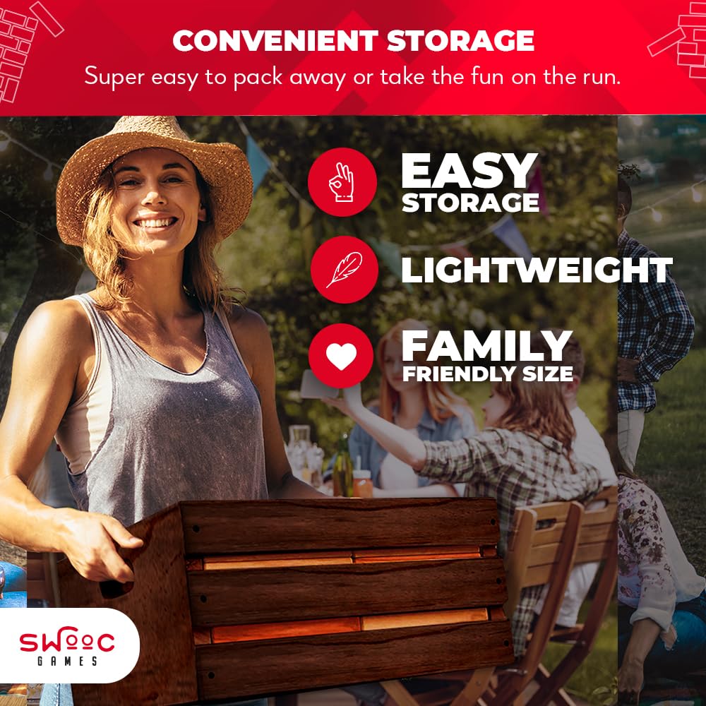 SWOOC Games - Reclaimed Giant Tower (Weather Resistant) 60 Blocks + Storage Crate | Outdoor Stacking Game for Adults & Families | Perfect for Backyard, Beach, and Camping Fun | Builds up to 5ft Tall