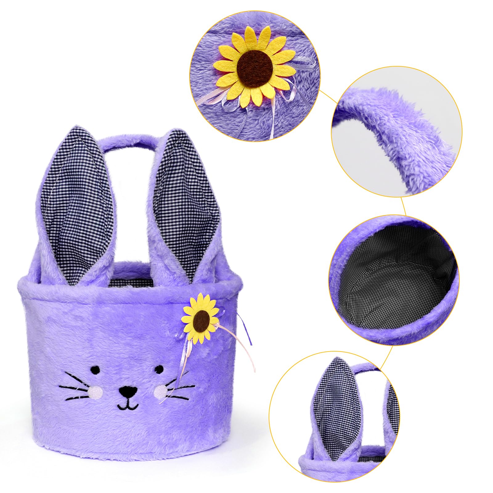 Faylapa 2Pcs Plush Easter Bunny Basket Bags with Plaid Long Ears - Personalized Easter Egg Baskets for Party Decor, Candy Gifts, Easter Egg Hunt & Spring Home Decor (Blue + Purple)