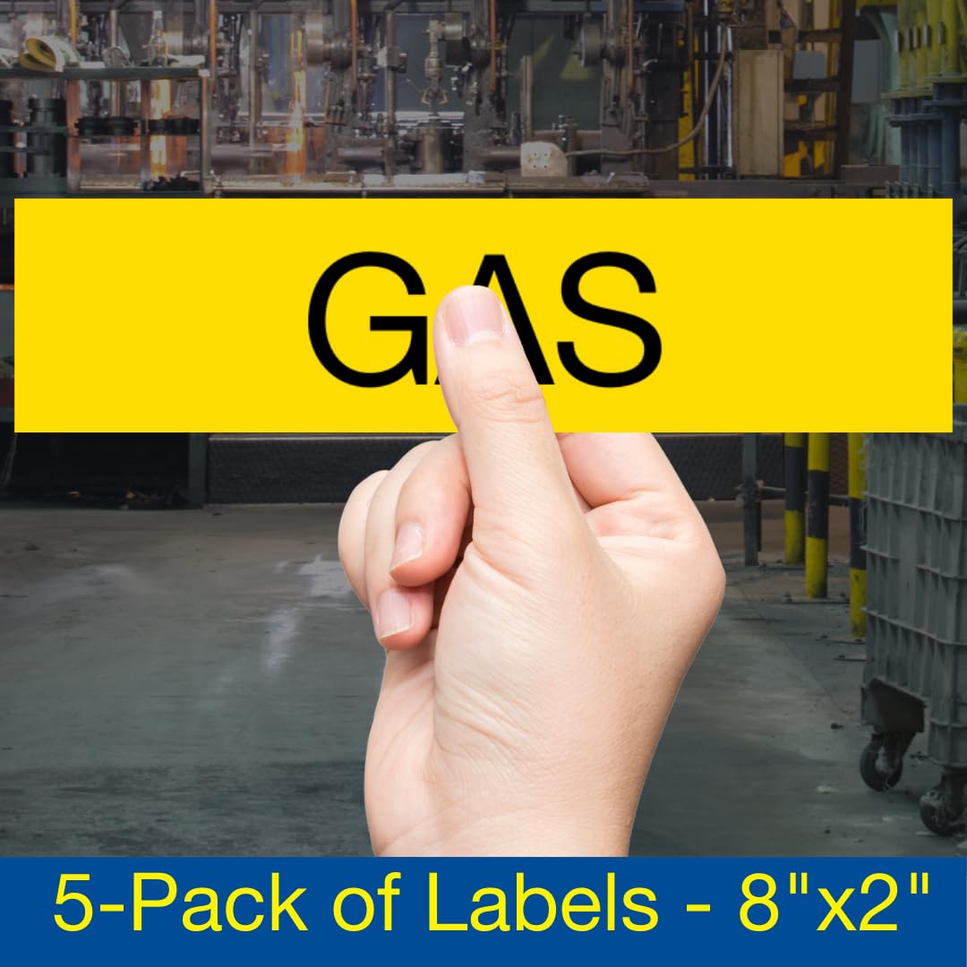 5-Pack 8x2 Inch Vinyl Pipe Label Decals - Gas (Black Legend on Yellow Background) for Hazmat Pipe Markers | OSHA Compliant Pipe Identification | Industrial Safety, Warehouse & Construction Use