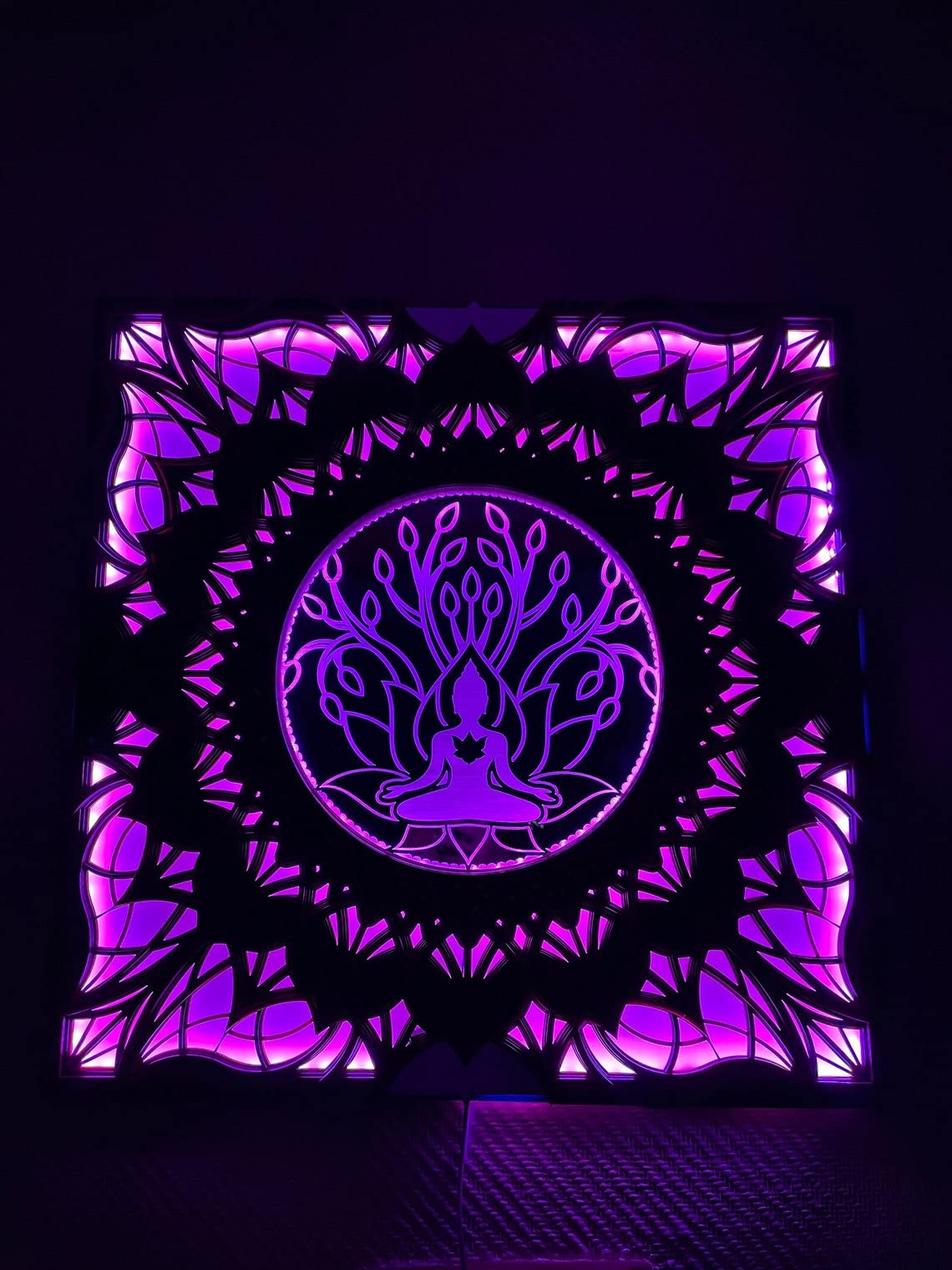 BHDecor Glowing Wall Art - Laser Cut LED Wooden Mandala Hanging Panel with Remote Control, 22.8x22.8 inch (58cm) - Perfect for Bedroom, Living Room & Meditation Space Decor