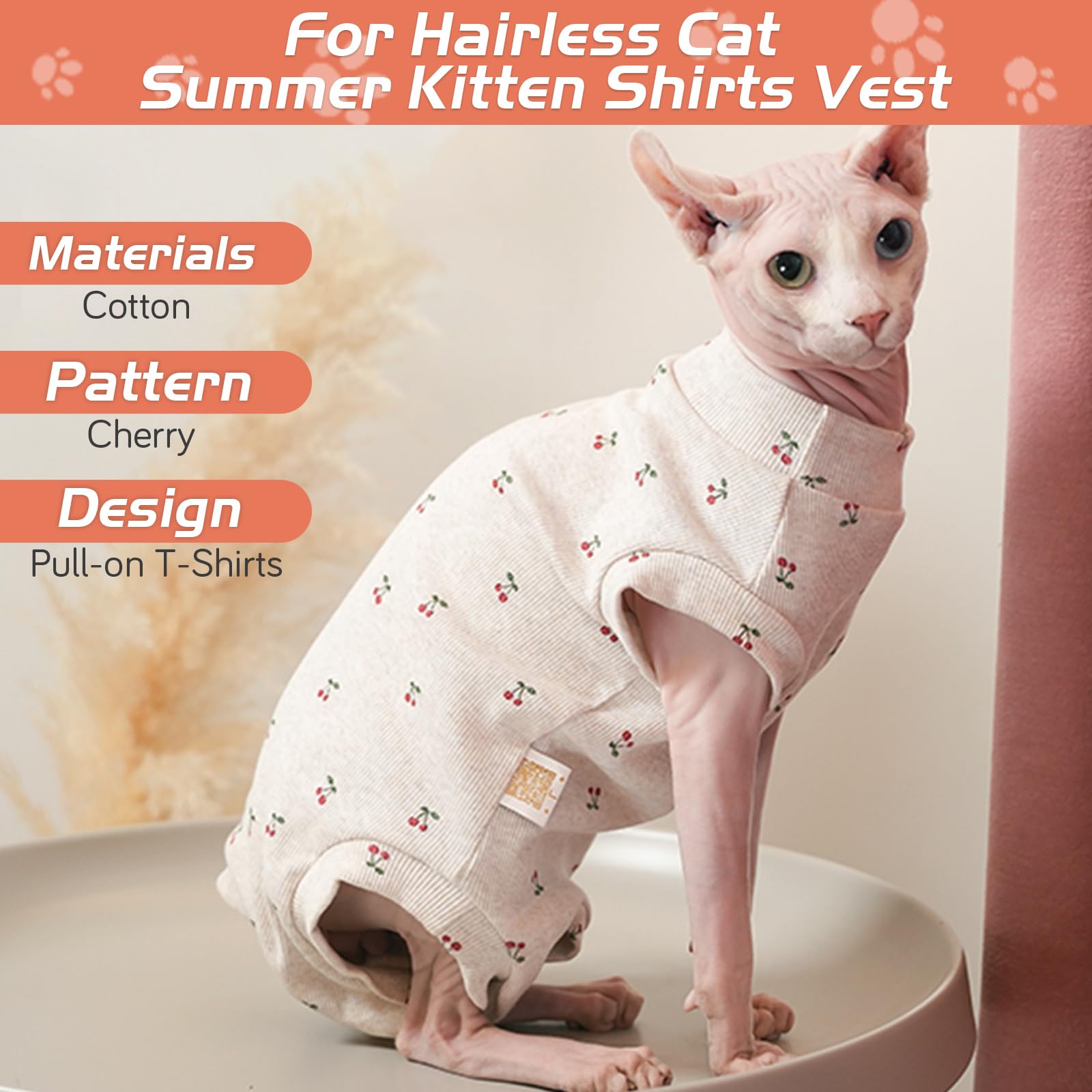 BRKURLEG Sphynx Cat Clothes - Breathable Hairless Cat Apparel, Cute Sleeveless Vest with Round Collar for Kittens - Beige Pet Pajamas & Belly Shirts | Perfect for Indoor Wear, Photo Shoots & Cold Weather