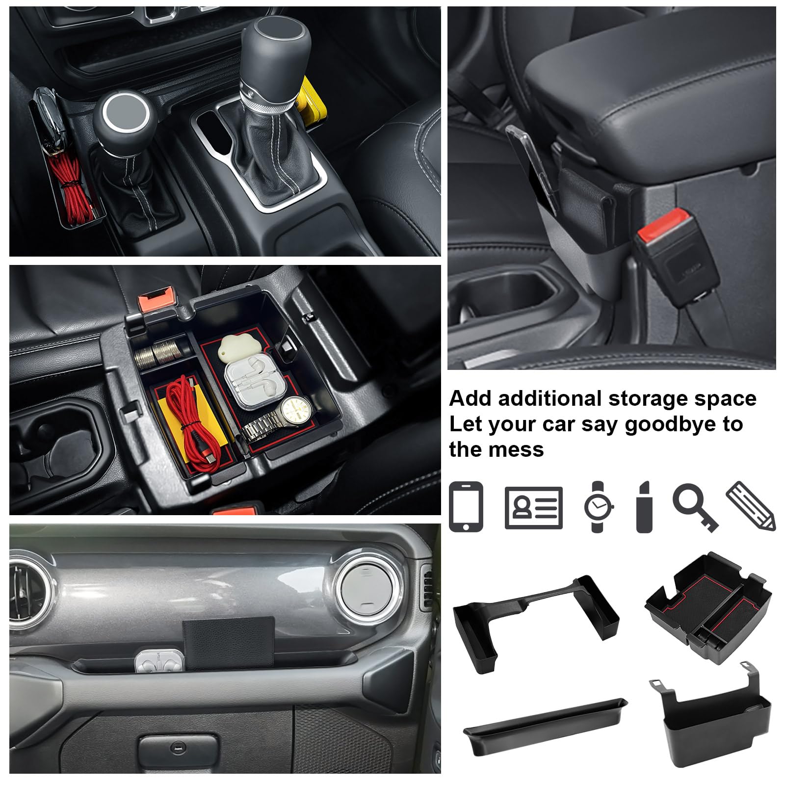 4PCS Jeep Wrangler JL JLU & Gladiator JT Center Console Organizer Set (2018-2023 Models) - Gear Shift Tray, Hanging Storage Box, Co-Pilot Organizer & Armrest Storage | Perfect for Road Trips, Off-Roading & Daily Commuting