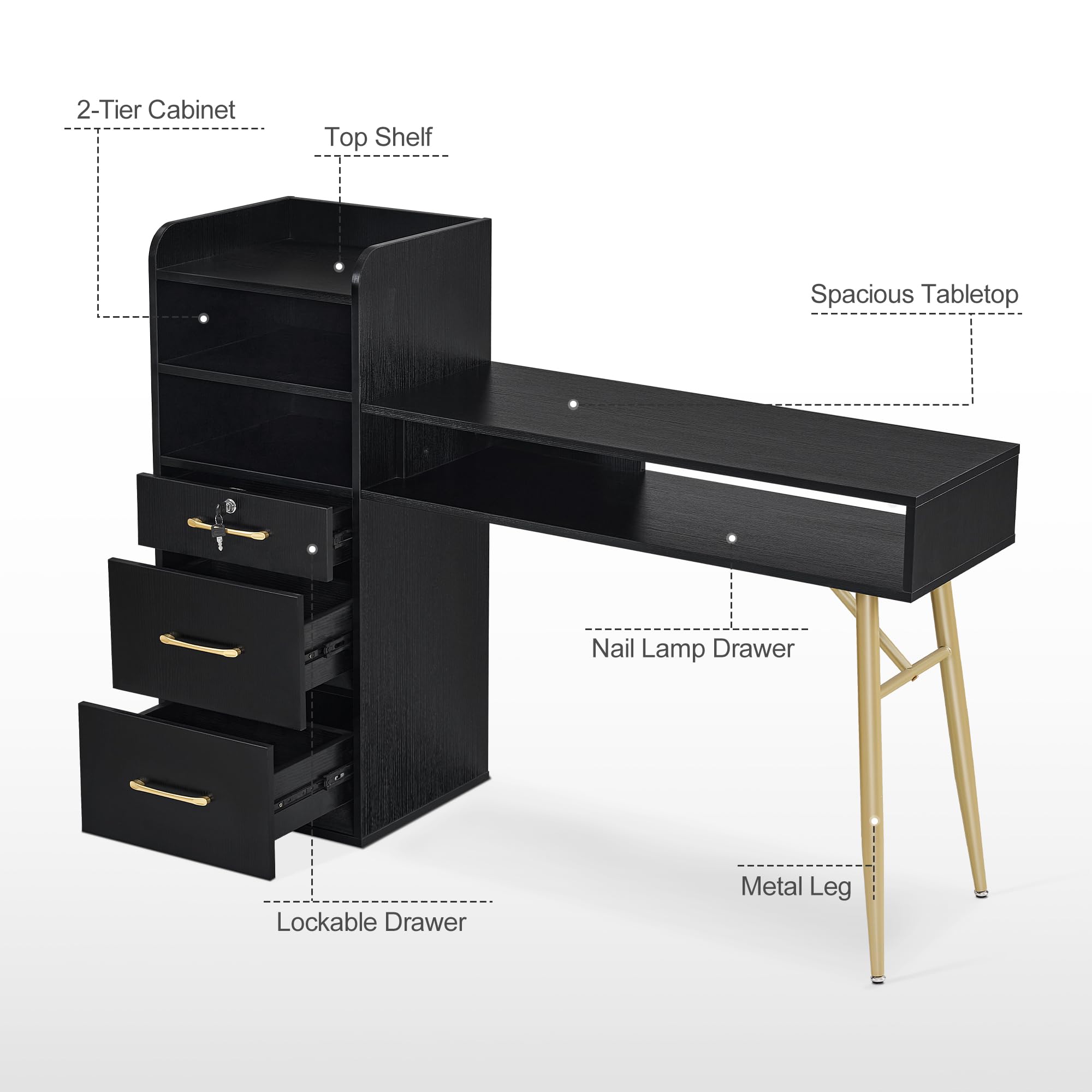 Professional BarberPub Manicure Table with 3 Drawers & 4 Shelves - Gold Handle Nail Tech Desk for Salon & Spa - Beauty Workstation Equipment DC2605 (Black) | Perfect for Nail Artists, Cosmetologists & Home Use