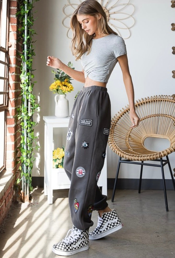 High Waisted Multi Patches Sweatpants for Women - Charcoal Gray Joggers with Stylish Embroidered Patches | Perfect for Yoga, Gym, Lounge & Casual Wear