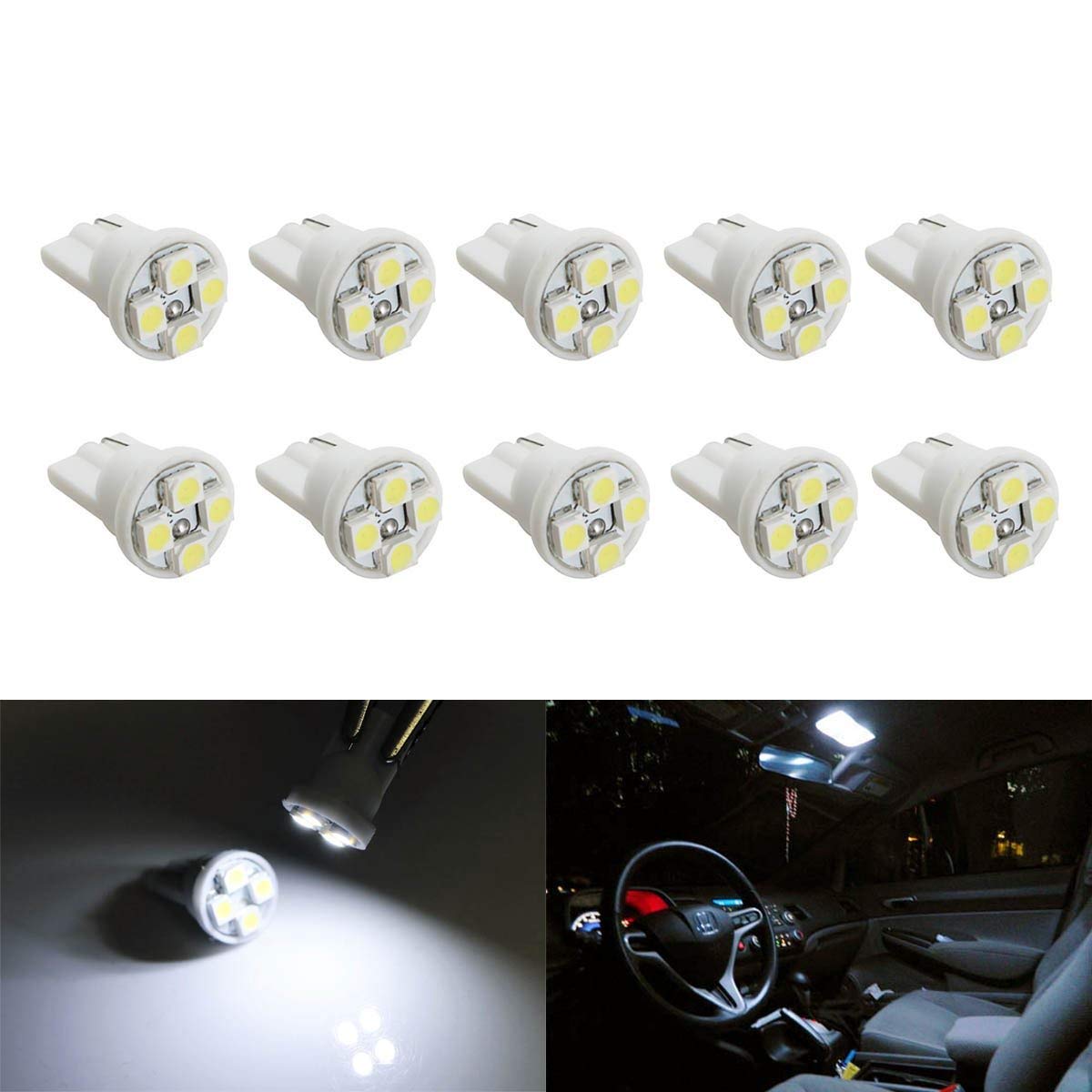 10-Pack 4 SMD LED Bulbs 168 194 2825 W5W White - Interior Dome Light & Map Light Replacement for Cars, Trucks, SUVs - Perfect for Night Driving and Cabin Illumination