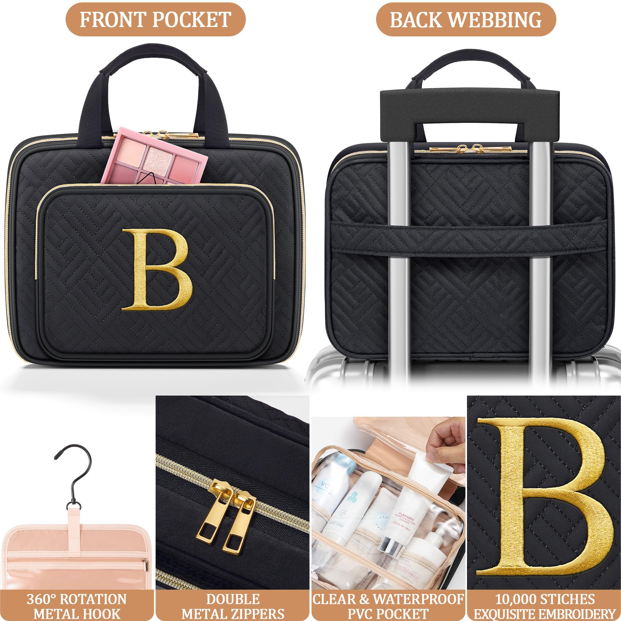 Personalized Initial Hanging Toiletry Bag & Makeup Bag Set - 2 PCS Embroidered Letter Travel Organizer Cosmetic Bags for Women | Perfect Birthday, Easter Gift for Mom, Wife, Sister, Friend, Teacher | Great for Travel, Vacation, Gym & Daily Use