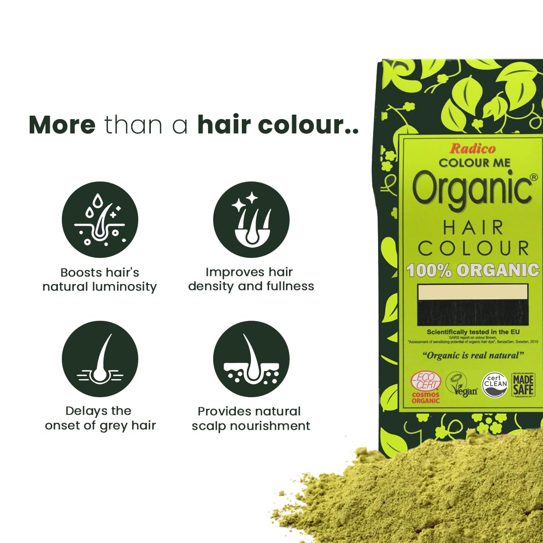Organic Light Brown Hair Color - Radico Colour Me Organic 100% Natural Vegan Hair Dye (100g) | Ammonia-Free, Chemical-Free for Healthy Hair | Perfect for At-Home Coloring, Touch-Ups & Gray Coverage