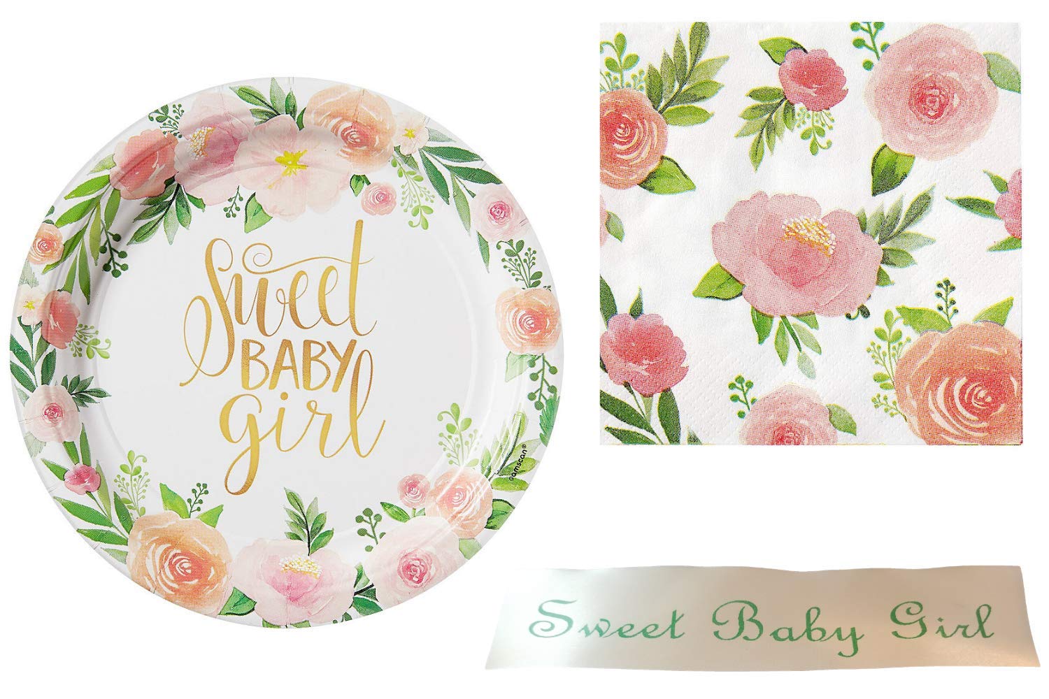 Pink Floral Baby Shower Party Supplies Bundle - Sweet Girl Dessert Size Decorations with Bonus Printed Ribbon for Newborn Celebration, Gender Reveal & First Birthday Party