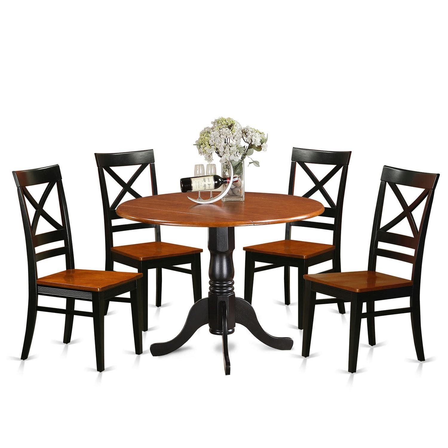 East West Furniture DLQU5-BCH-W 5-Piece Round Dining Table Set with Drop Leaf & 4 Chairs, 42x42 Inch, Black Cherry Finish - Perfect for Small Kitchens, Breakfast Nooks & Compact Dining Spaces