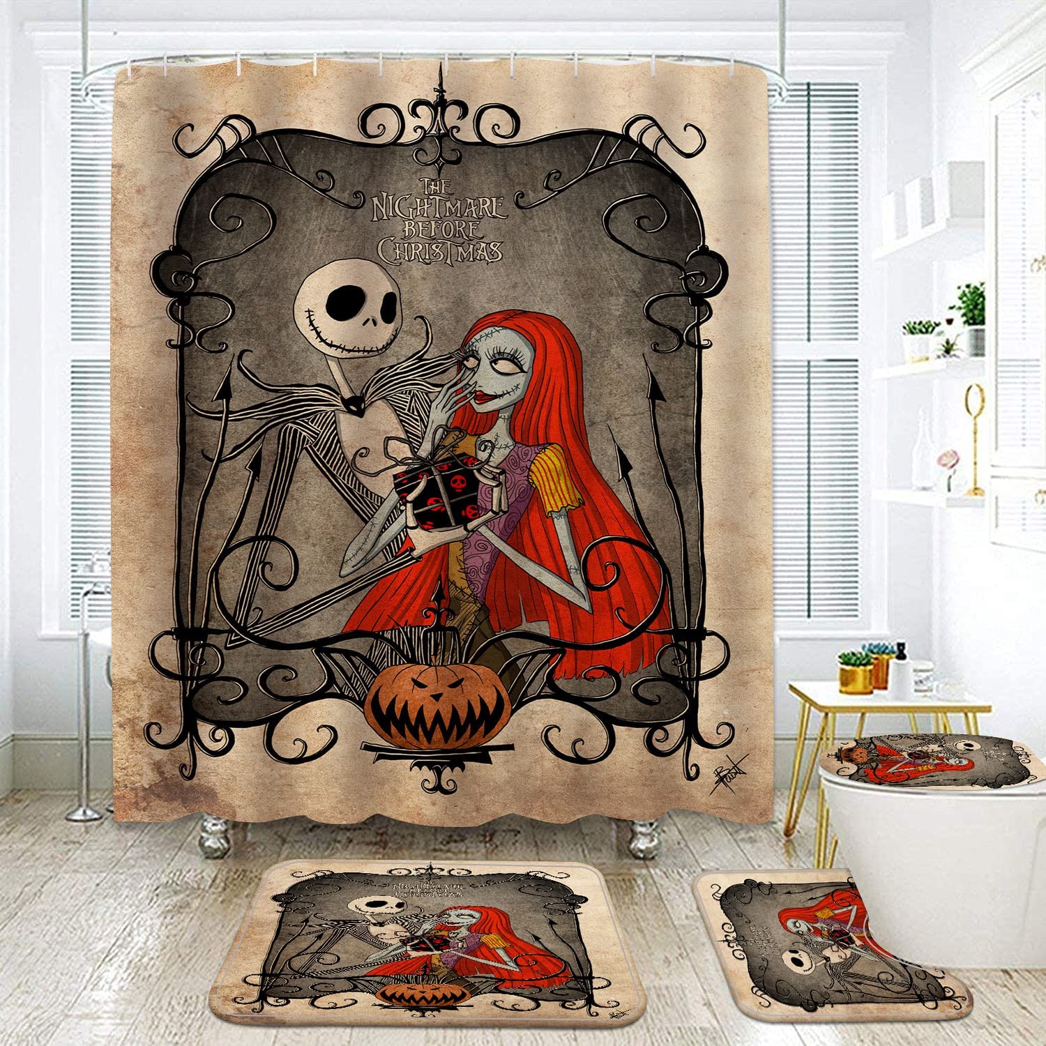 NEWSUYAA Halloween Shower Curtain Set with Non-Slip Bath Rugs & 12 Hooks - Waterproof Bathtub Decor for Spooky Bathroom Makeover | Perfect for Halloween Party Decorations & Themed Bathroom