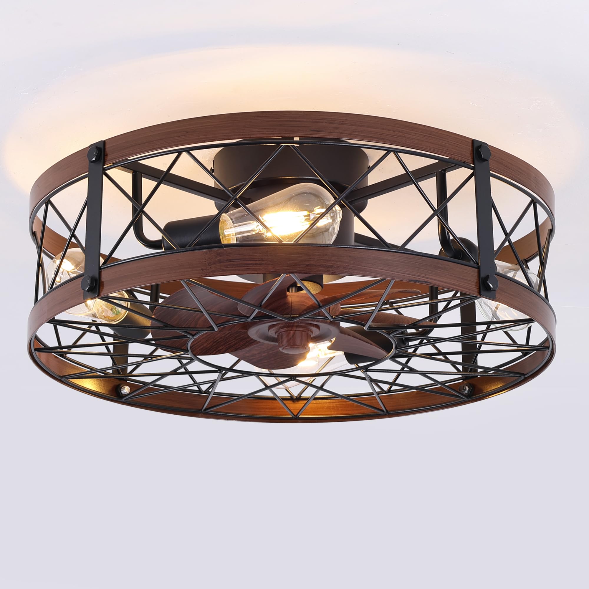 REDSTAR Retro Small Ceiling Fan with Light & Remote Control - Flush Mount Low Profile Caged Ceiling Fan for Bedroom, Living Room, Kitchen - Energy Efficient & Quiet Operation (Black)