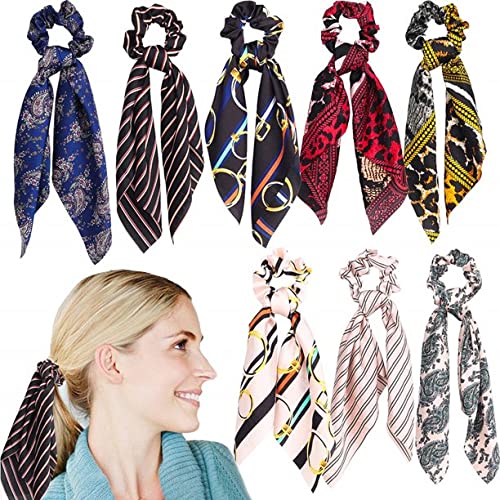 Belicia 8Pcs Silk Satin Hair Scrunchies - Floral & Striped Hair Ties for Women, Soft Ponytail Holders & Bun Accessories (Perfect for Work, Gym, Wedding & Everyday Use)