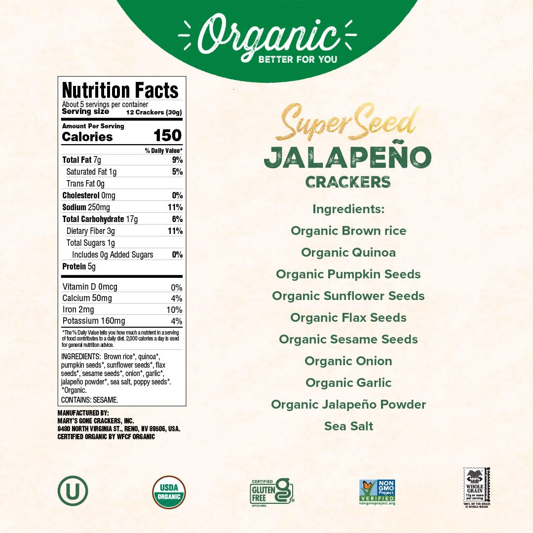 Mary's Gone Crackers Organic Super Seed Crackers, Jalapeno Flavor - Gluten-Free, Non-GMO, Vegan, Whole Grain Snacks, 5.5oz (Pack of 1) | Perfect for Healthy Snacking, Parties & On-the-Go Nutrition
