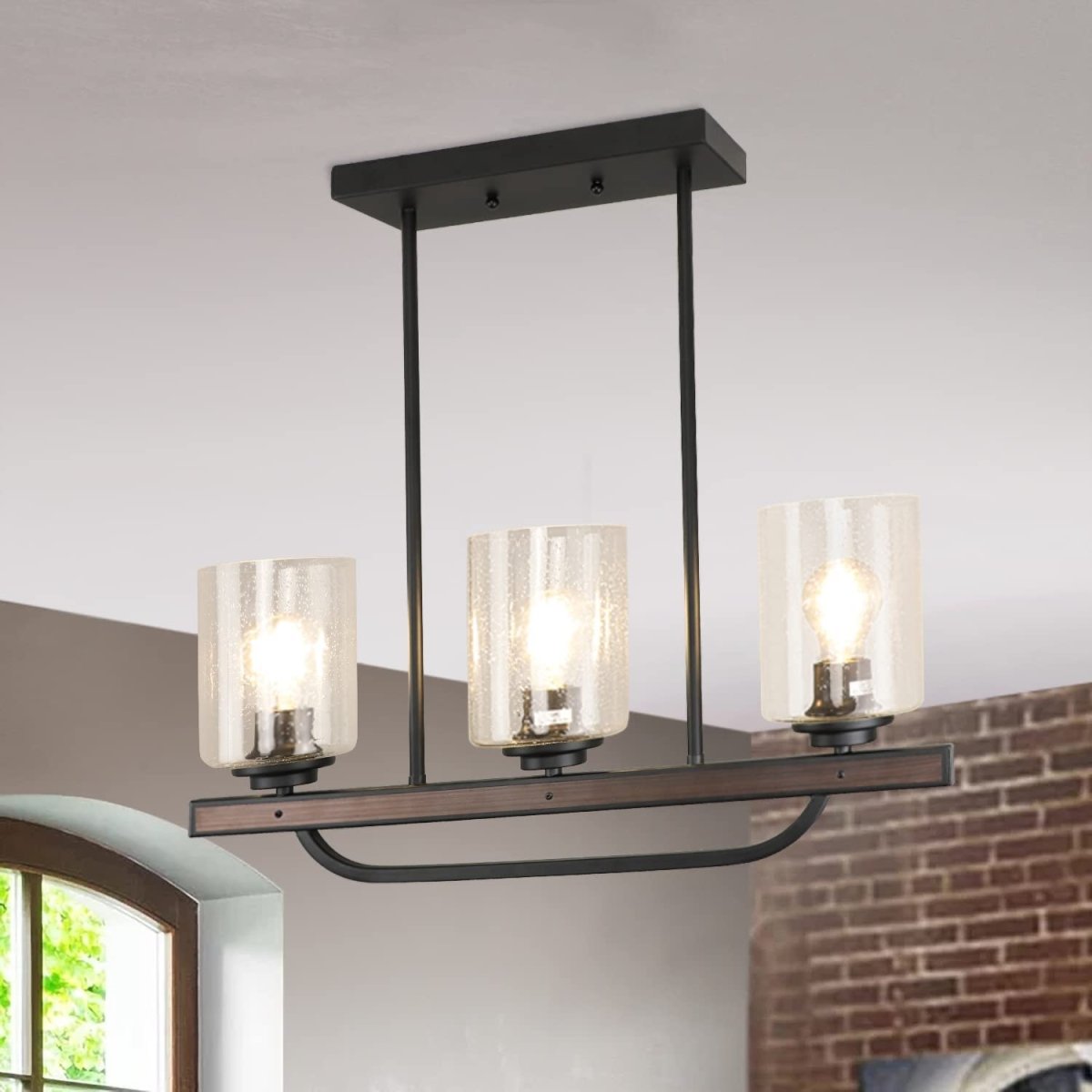 Depuley 3-Light Rustic Pendant Lighting Fixture - Adjustable Farmhouse Black Chandelier with Glass Shade - 24