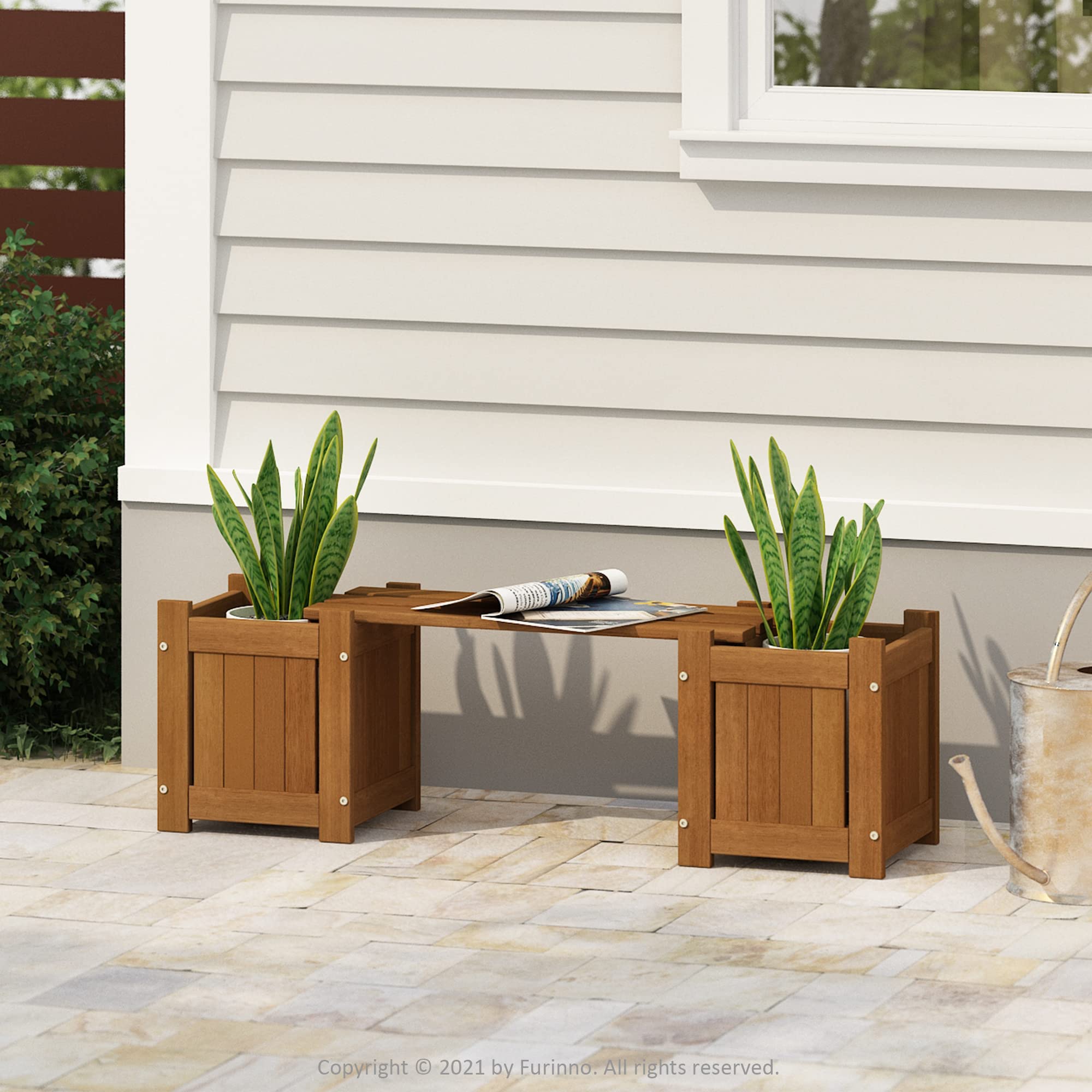 Furinno Tioman Hardwood Mini Outdoor Planter Box with Bench - Rustic Garden Decor for Plants, Flowers & Herbs - Perfect for Patio, Balcony, Backyard & Small Outdoor Spaces