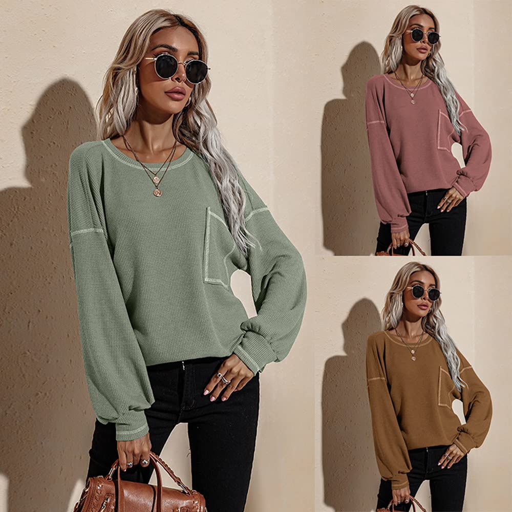 Women's Long Sleeve Tunic Top - Soft Waffle Knit Round Neck Blouse with Pocket - Casual Fall T-Shirt for Work, Weekend & Layering