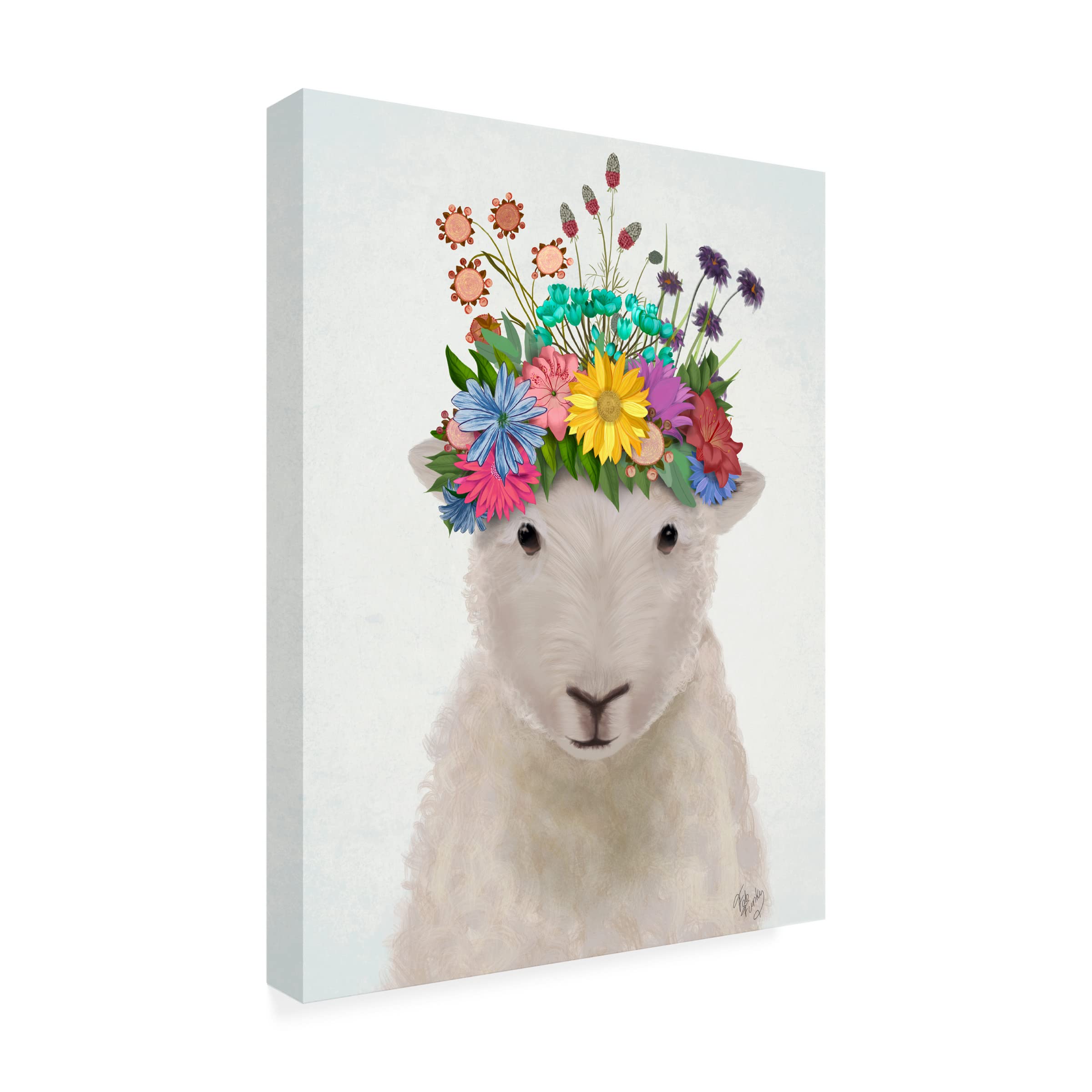 Fab Funky 'Sheep with Flower Crown 1' Canvas Wall Art Print - Modern Home Decor for Living Room, Bedroom & Office