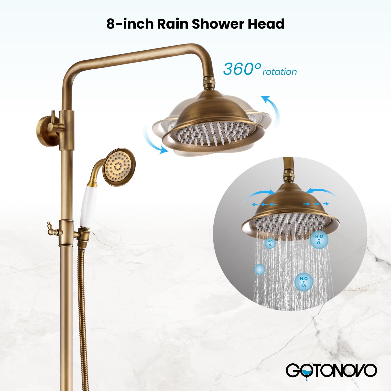 Gotonovo 8-Inch Rainfall Shower Head with Handheld Sprayer - Antique Brass Vintage Bathroom Tub Shower Faucet Set with Wall Mounted Shower Shelf & Tub Spout - Perfect for Modern & Vintage Bathroom Renovations
