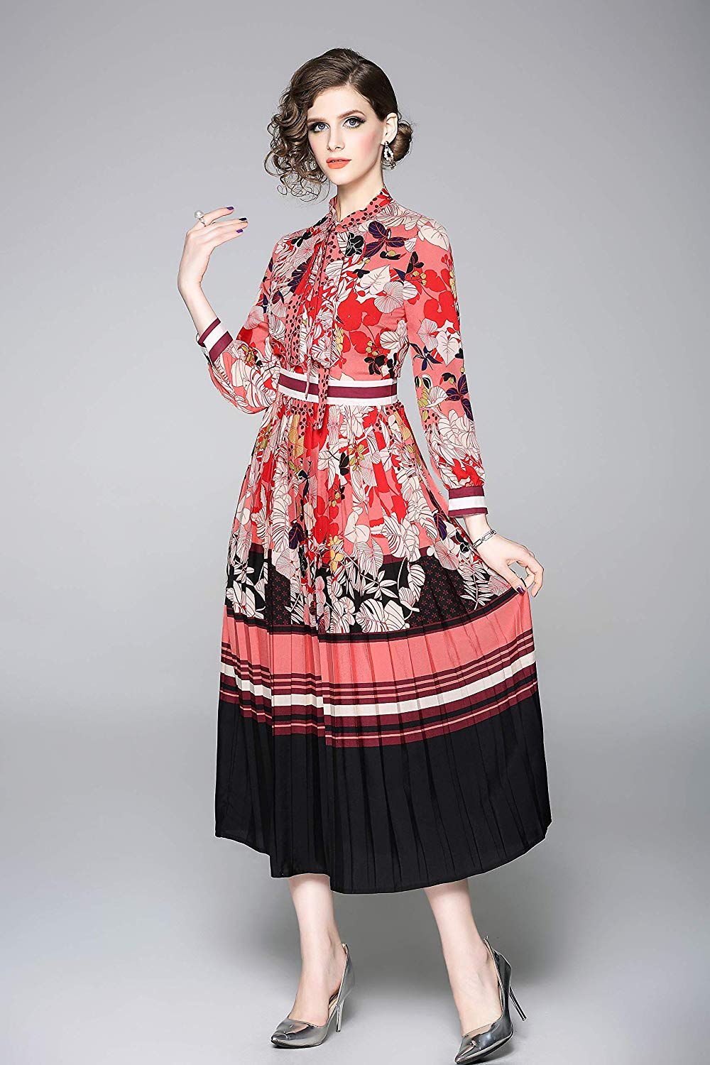 Women's A-Line Maxi Dress with Bow Shirt Collar & Long Sleeves - Spring Summer Casual Party Work Dress (Pink Floral Print, Size US8-10/XL) - Perfect for Office, Wedding Guest & Everyday Elegant Outfits