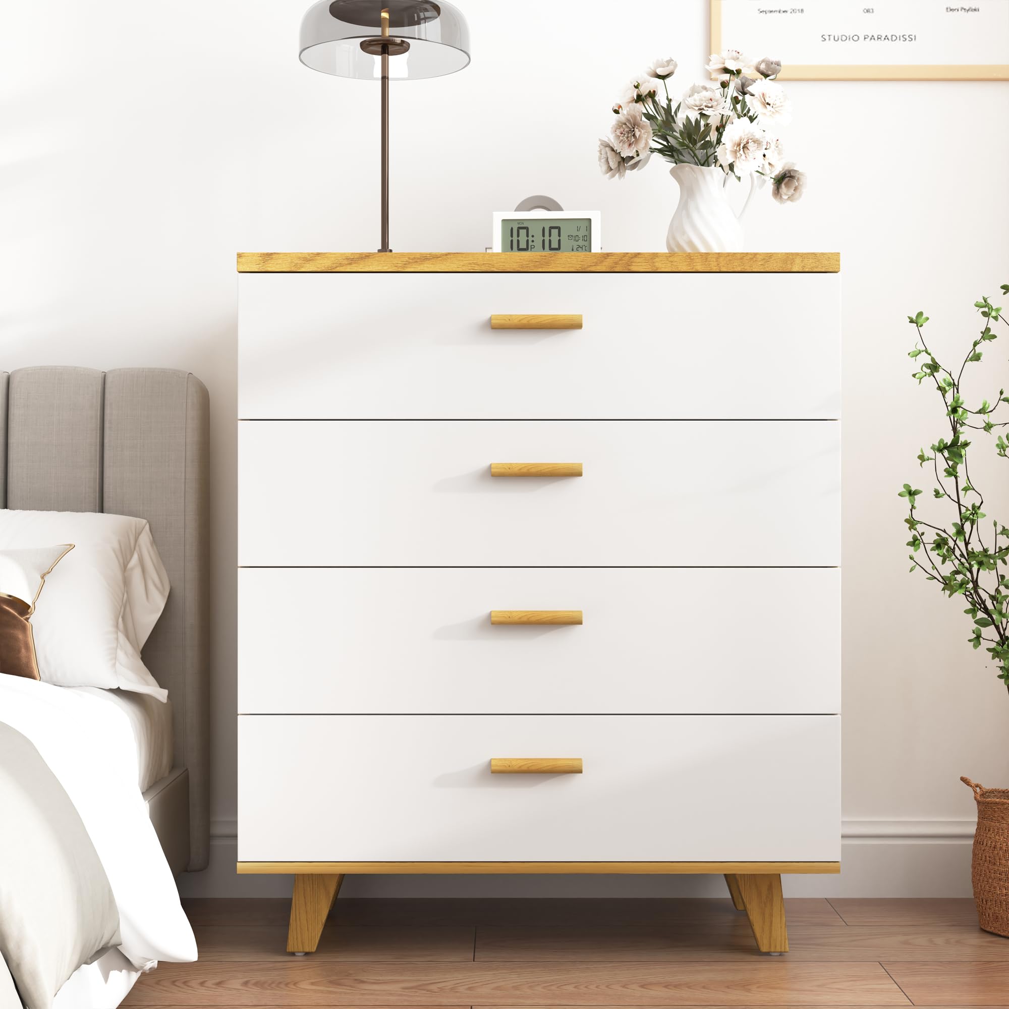 Modern White 4-Drawer Wood Dresser for Bedroom - Large Chest of Drawers & Nightstand, Perfect Bedside Table for Master Bedroom, Guest Room or Nursery Organization