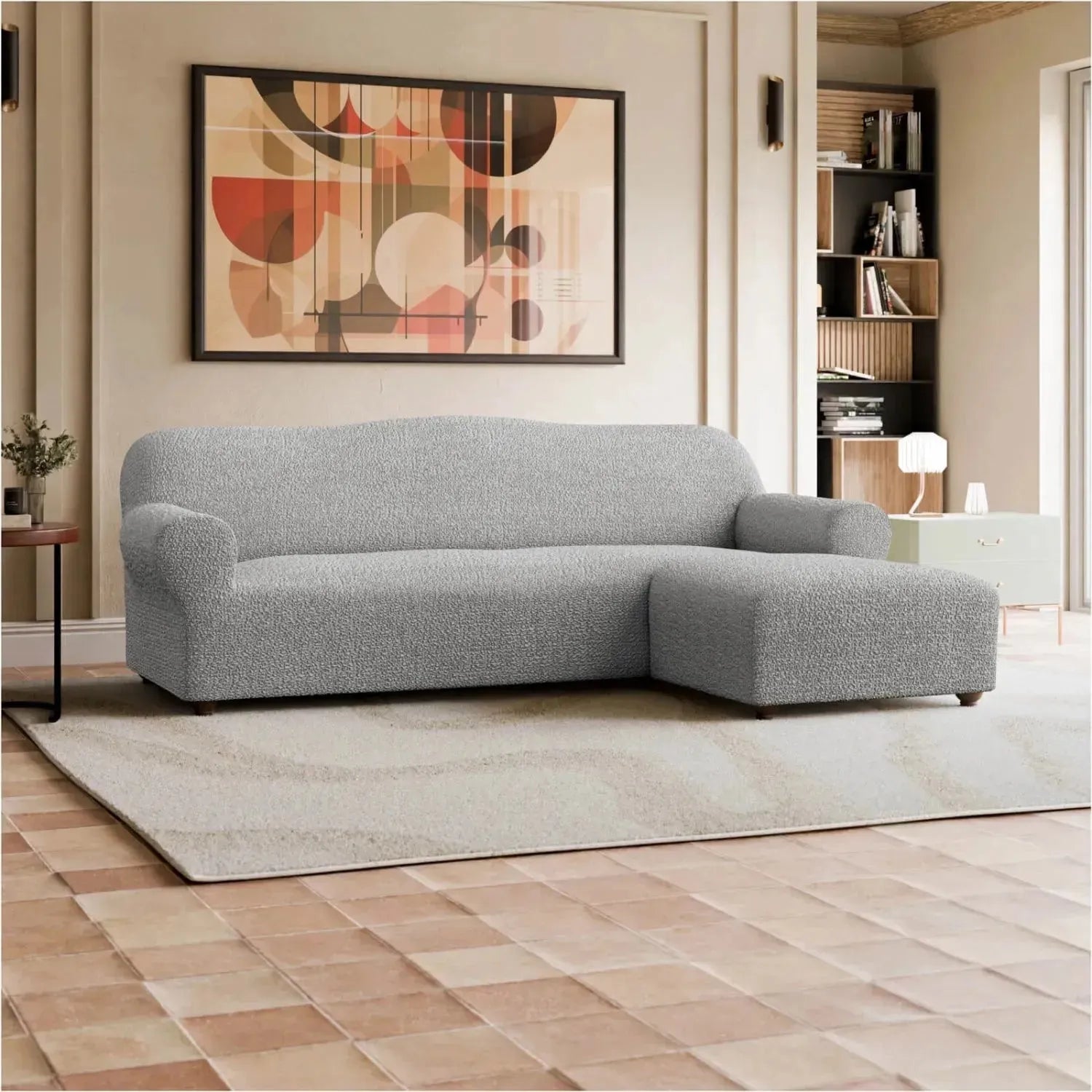 L Shaped Sofa Slipcover with Right Chaise - Mille Righe Collection Stretchable Furniture Protector for Living Room, Family Room & Home Theater