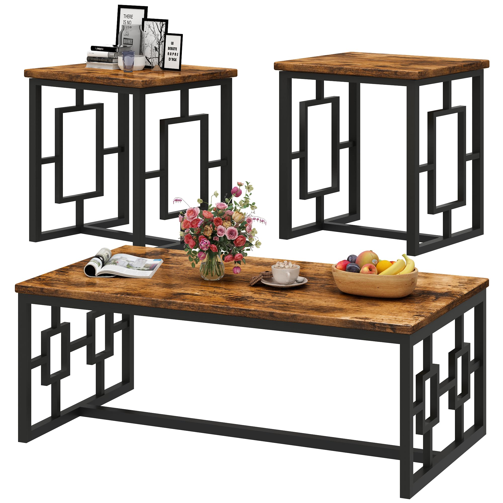 Modern 3-Piece Coffee Table Set with Side Tables - Rustic Brown Living Room Furniture for Small Spaces, Office & Apartments - Easy Assembly Home Decor for Cozy Gatherings & Entertainment Areas